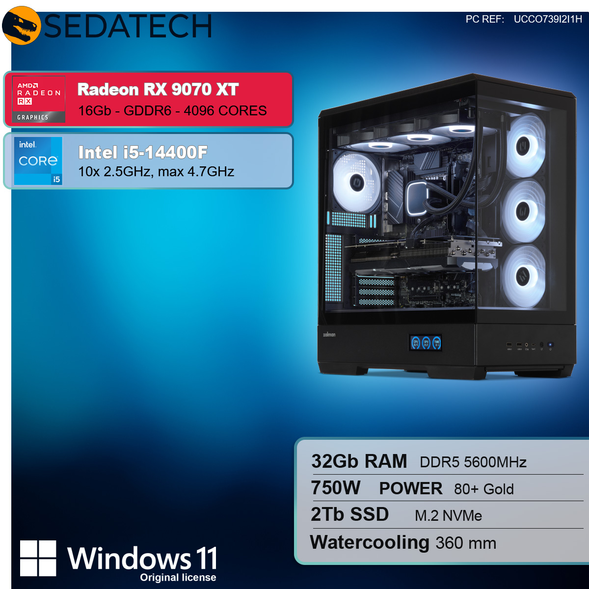 Ein schwarzer PC mit technischen Daten. Er hat ein rotes und blaues Grafikkartenetikett.