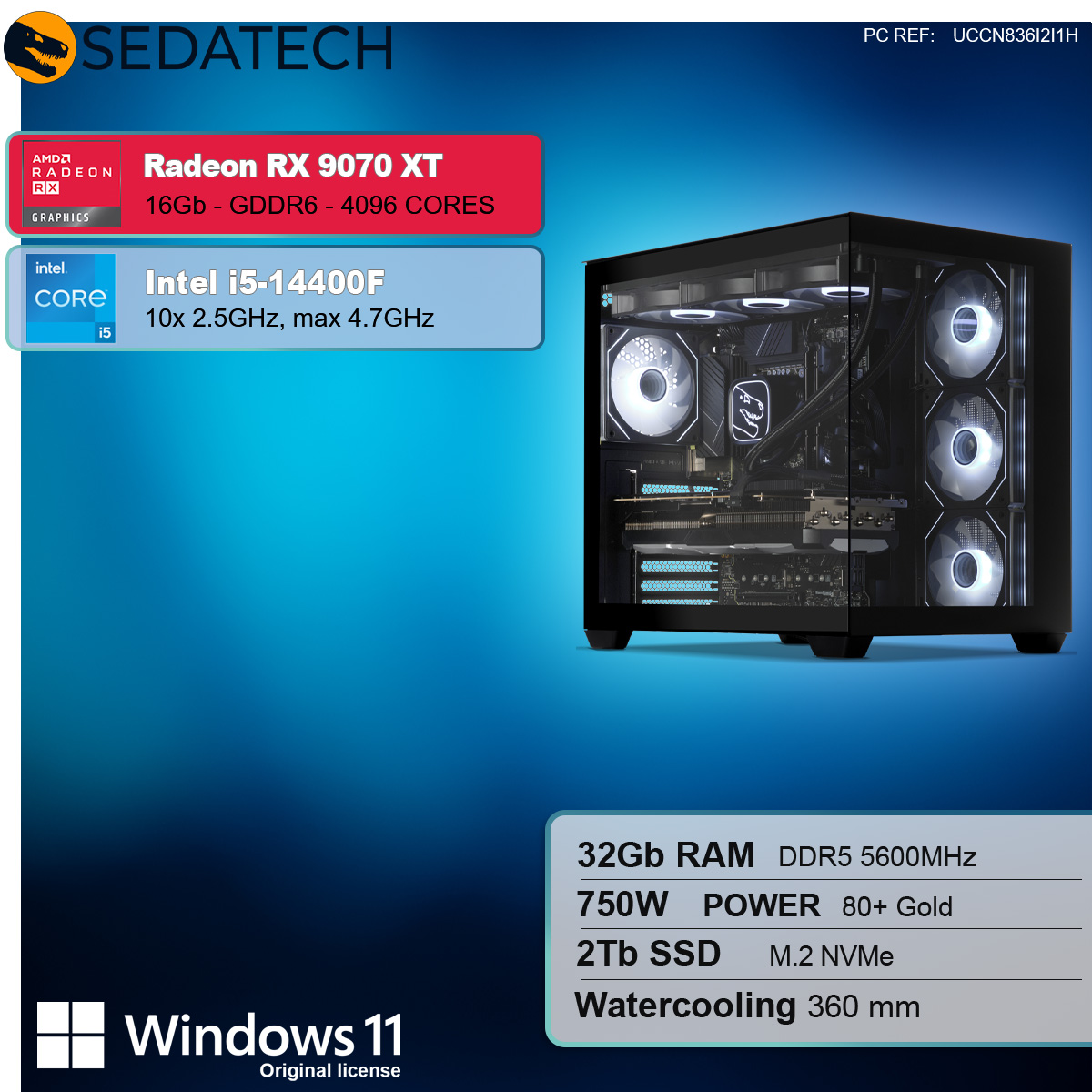 Computergehäuse mit Specs, einschließlich Radeon RX 9070 XT, Intel i5-14400F und 32Gb RAM.