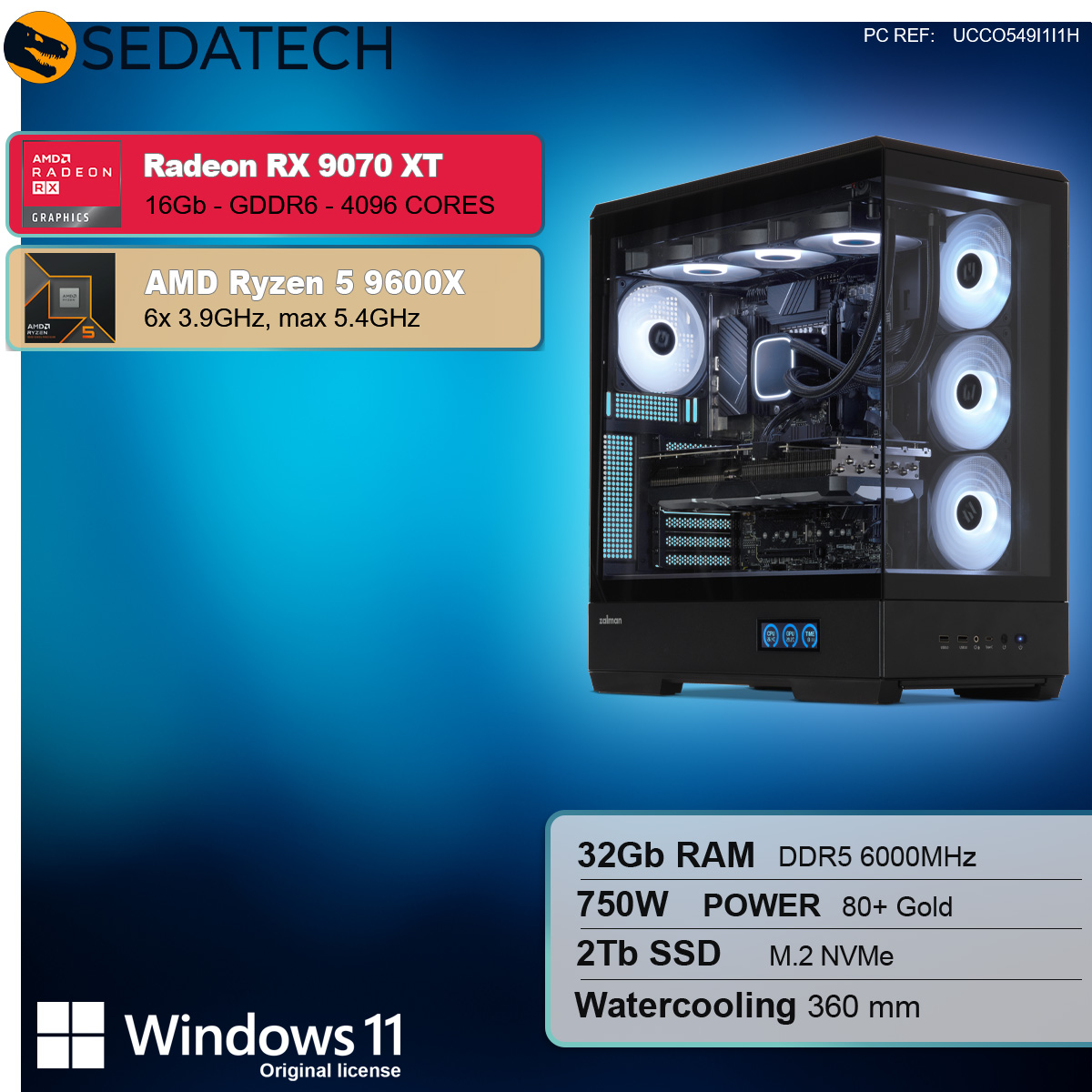 Komputer do gier ze szczegółami komponentów. Zawiera Radeon RX 9070 XT, AMD Ryzen 5 9600X i inne elementy.