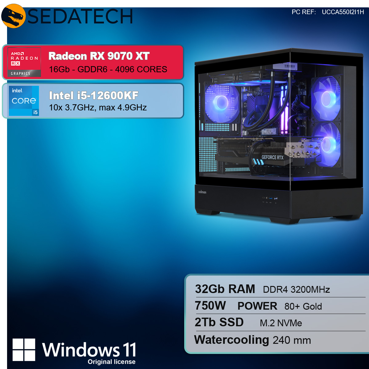 Ein Computergehäuse mit beschrifteten Komponenten. Text: 'Radeon RX 9070 XT' und 'Intel i5-12600KF'.