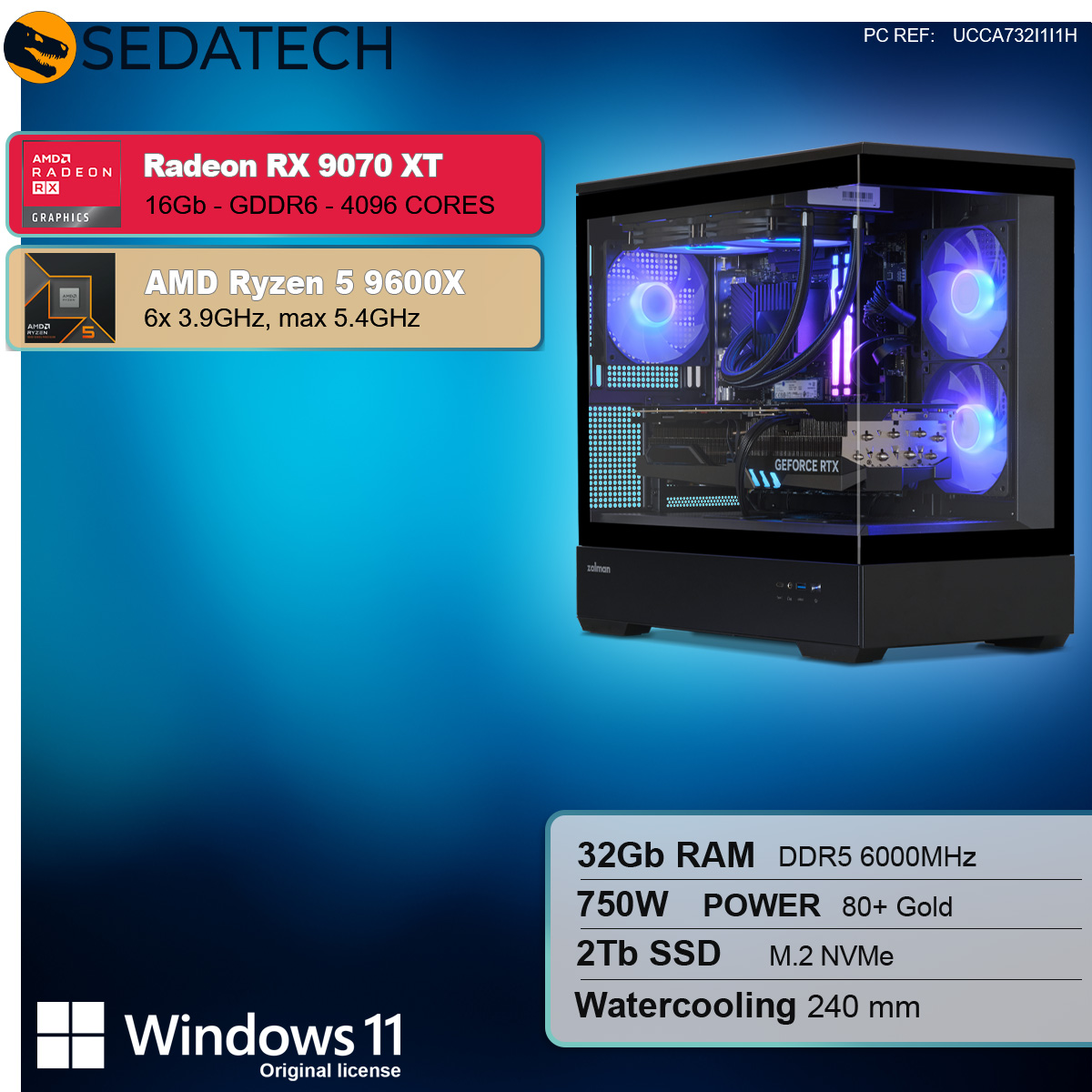 Case nero per computer con componenti; testo: Radeon RX 9070 XT, Ryzen 5 9600X, 32GB RAM.