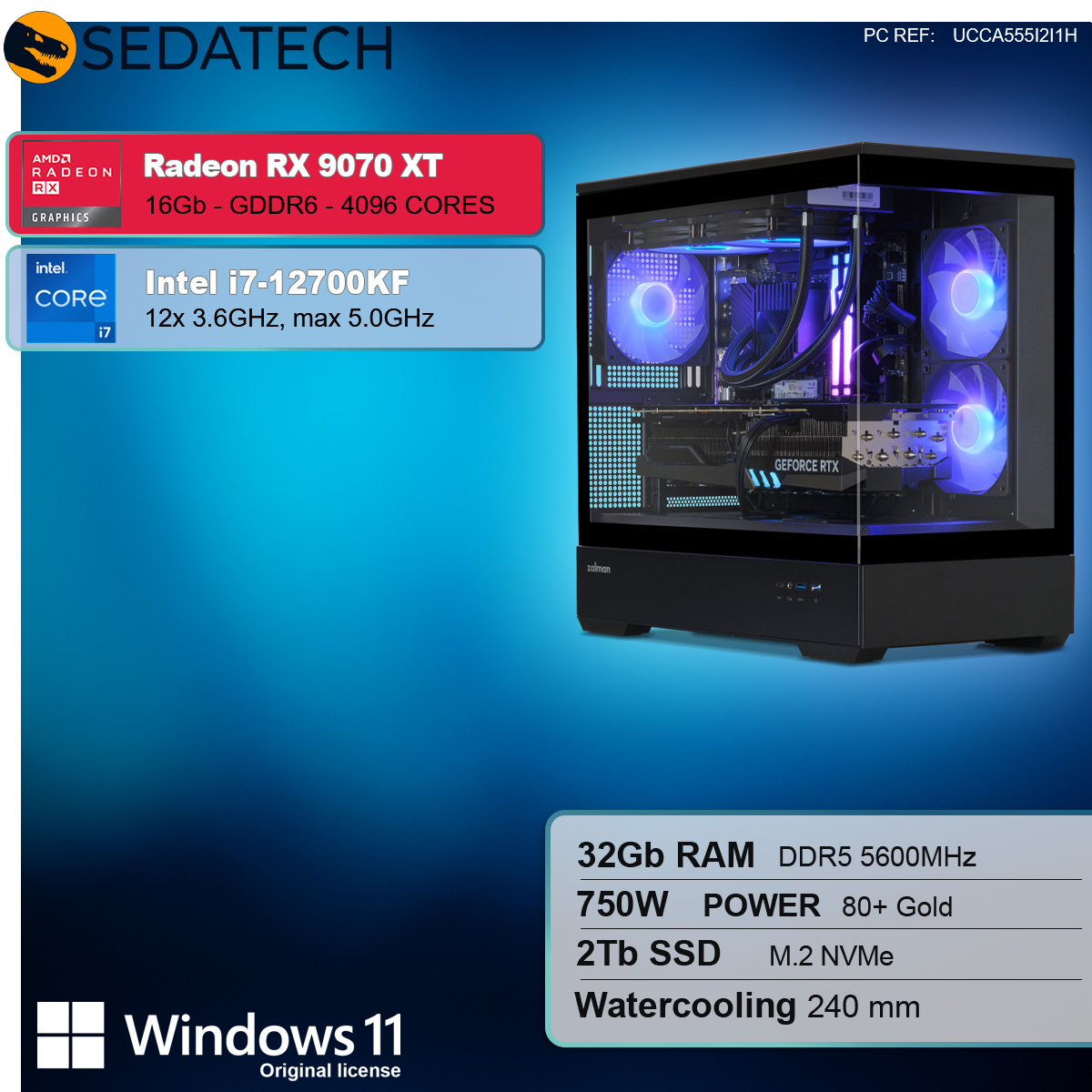Un case per computer nero con ventole illuminate di blu e componenti. Radeon RX 9070 XT e Intel i7-12700KF.