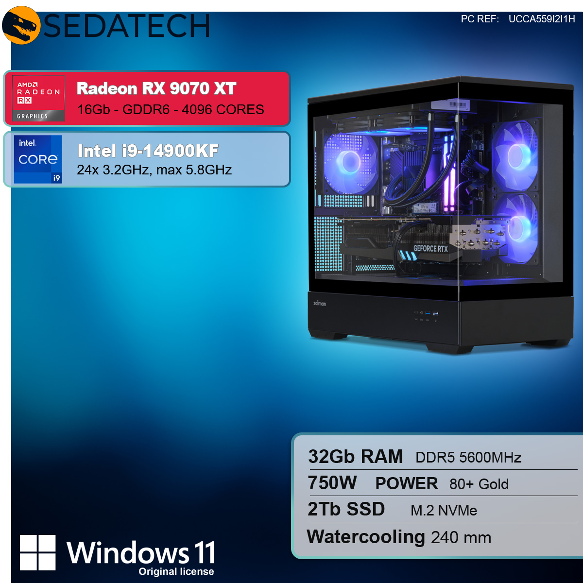 Schwarzes Computergehäuse mit Glas-Seitenwand. Spezifikationen: RX 9070 XT, i9-14900KF, 32GB RAM.