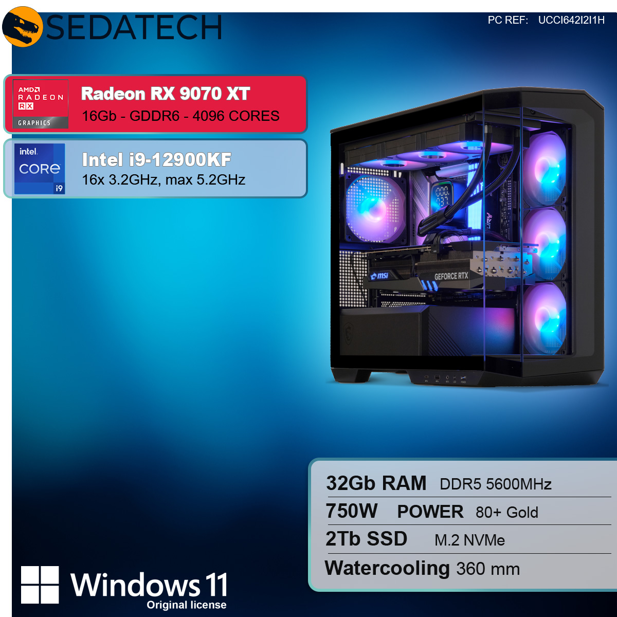 Computergehäuse mit beleuchteten Lüftern und Text: Intel i9, Radeon RX 9070 XT, und Windows 11.