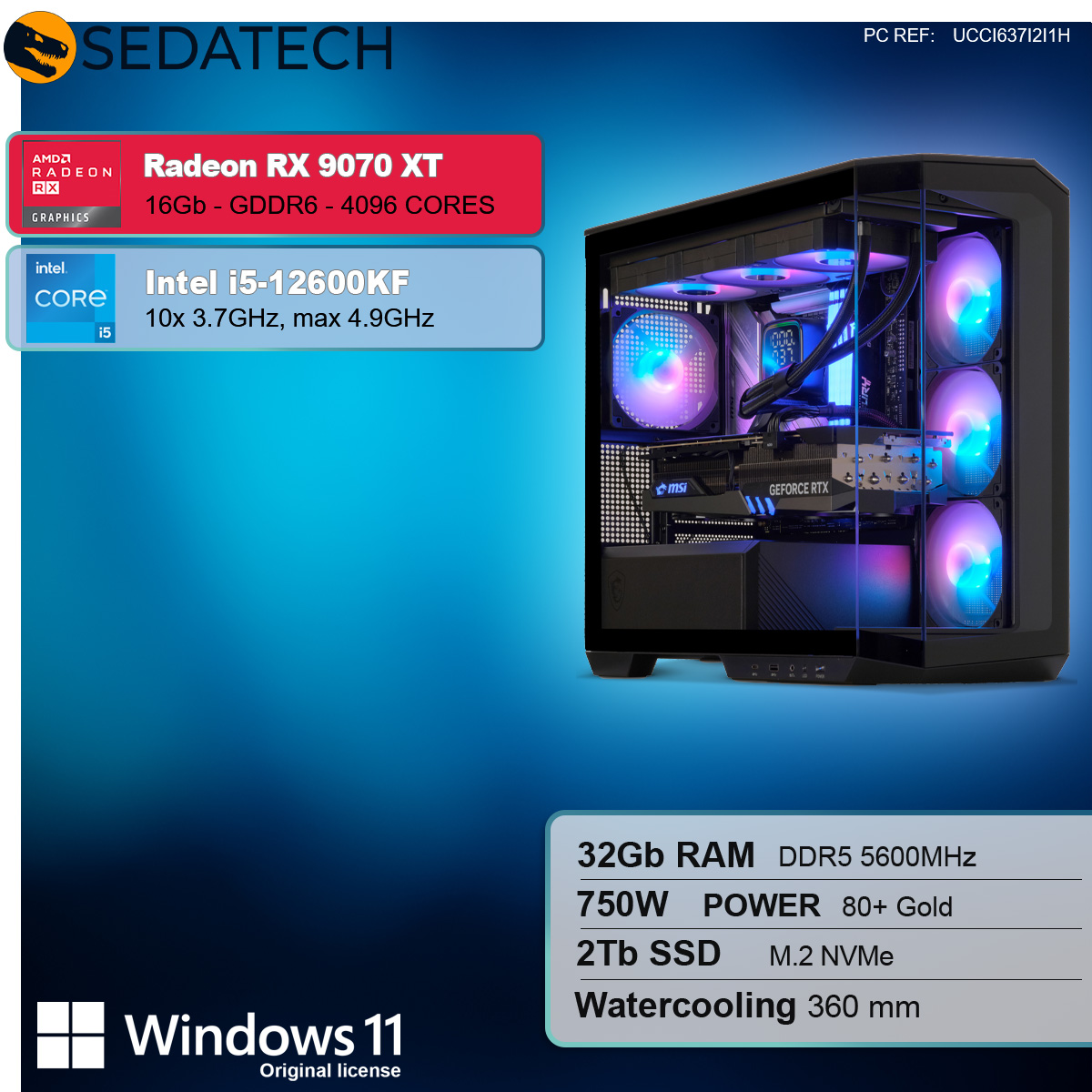 Computer mit Komponenten: AMD Radeon RX 9070 XT, Intel i5-12600KF, 32 GB RAM und Wasserkühlung.