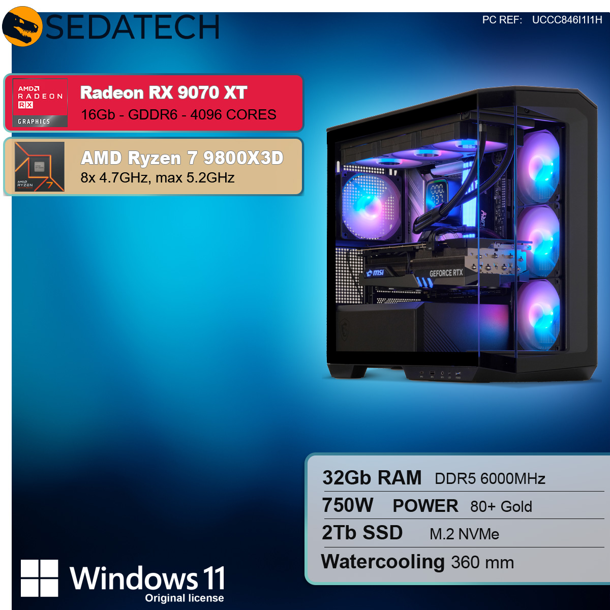 PC gaming con AMD Radeon RX 9070 XT, Ryzen 7 9800X3D e Windows 11. Raffreddamento a liquido visibile.