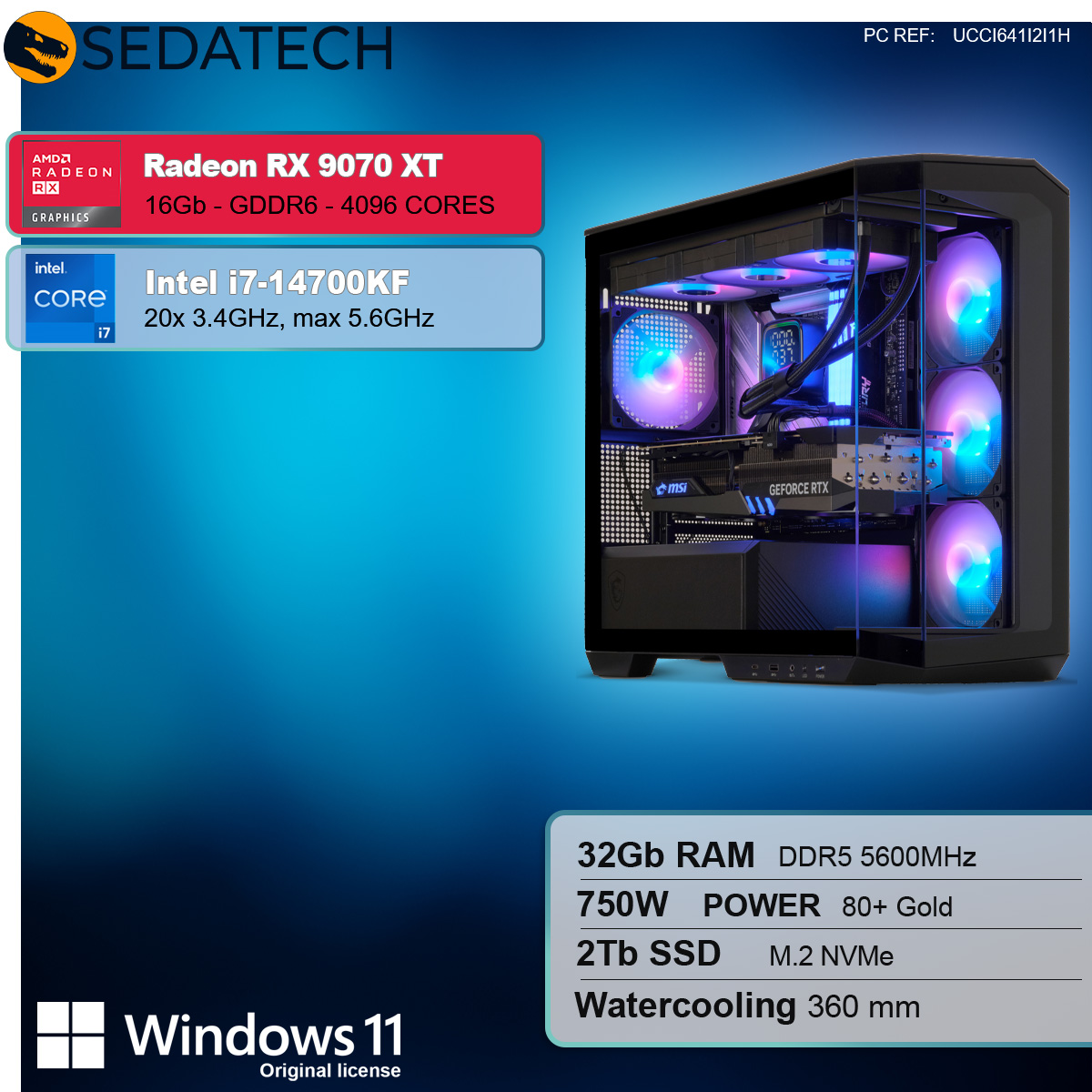 Computergehäuse mit Komponenten. Text mit Prozessor, Grafikkarte, RAM und Leistungsdetails.