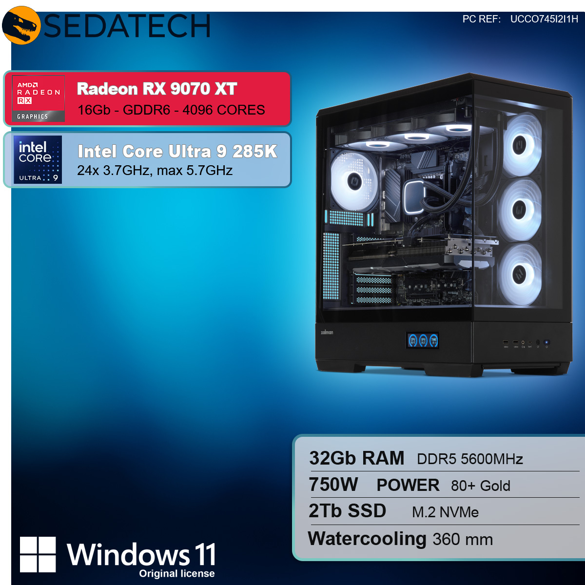 Komponenty PC w szklanej obudowie. Specyfikacja: Radeon RX 9070 XT, Intel Core i9, 32GB RAM, zasilacz 750W.