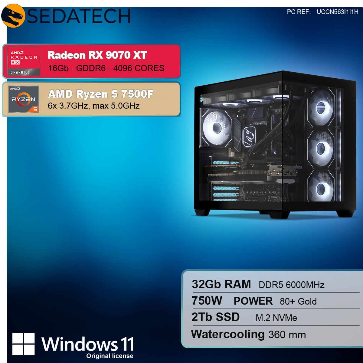 Case del computer con componenti e dati. Sovrapposizione di testo con specifiche.