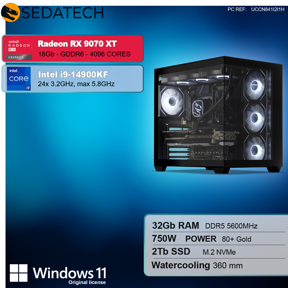Computer-Setup mit Komponentenbezeichnungen: Radeon RX 9070 XT, Intel i9-14900KF, 32GB RAM, 2TB SSD.