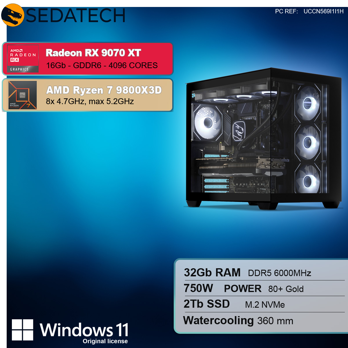 Case per computer nero con componenti all'interno. Include schede grafiche AMD Ryzen e Radeon. Specifiche visibili.