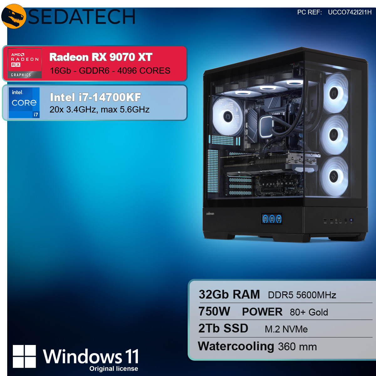 Schwarzes PC-Gehäuse mit Komponenten. Rote Radeon-Karte, Intel Core i7-Aufkleber. Blauer und weißer Hintergrund.