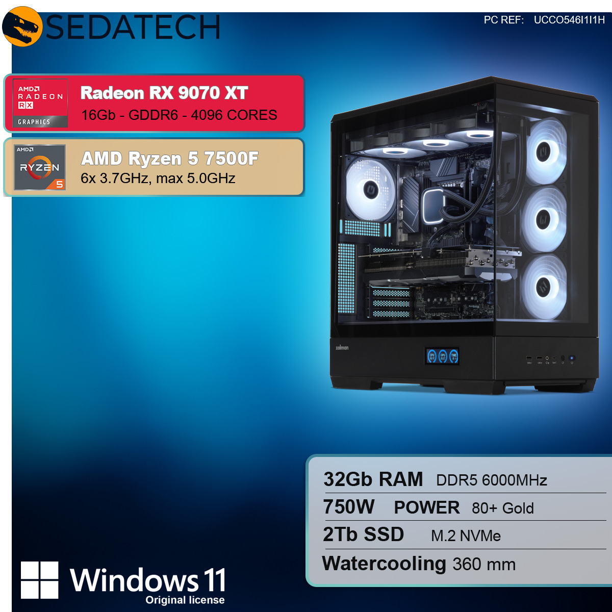 Un computer con pannello in vetro, mostra componenti e specifiche dettagliate a sinistra.