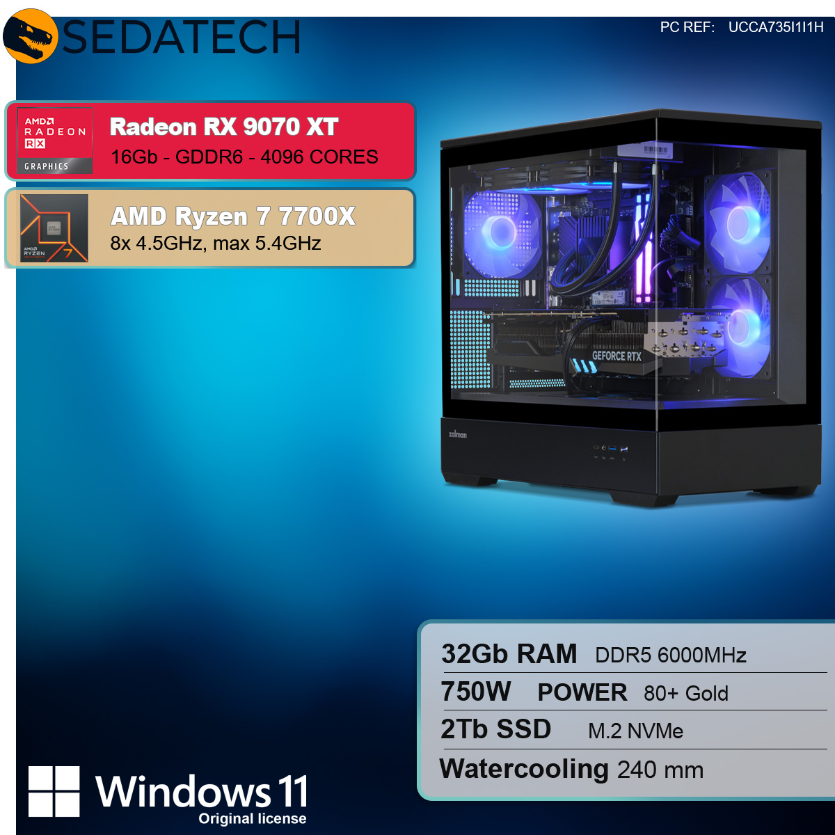 Un case per computer nero con componenti, tra cui una scheda grafica e ventole. Testo a sinistra.
