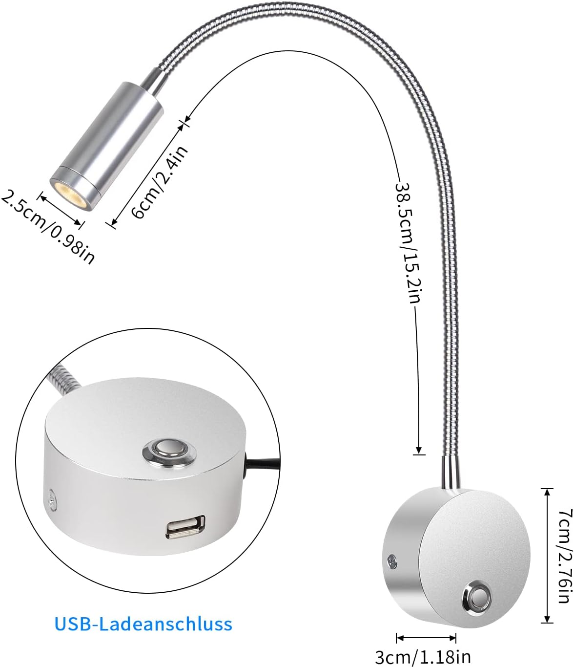 Eine silberne Nachttischlampe mit flexiblem Hals und USB-Ladeanschluss am Sockel.
