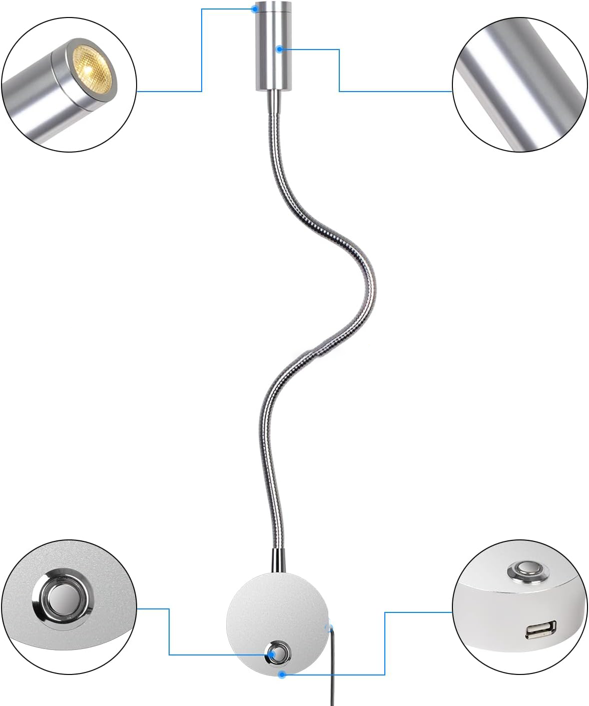 Silberne LED-Leselampe mit flexiblem Hals und USB-Anschluss auf weißem Hintergrund.