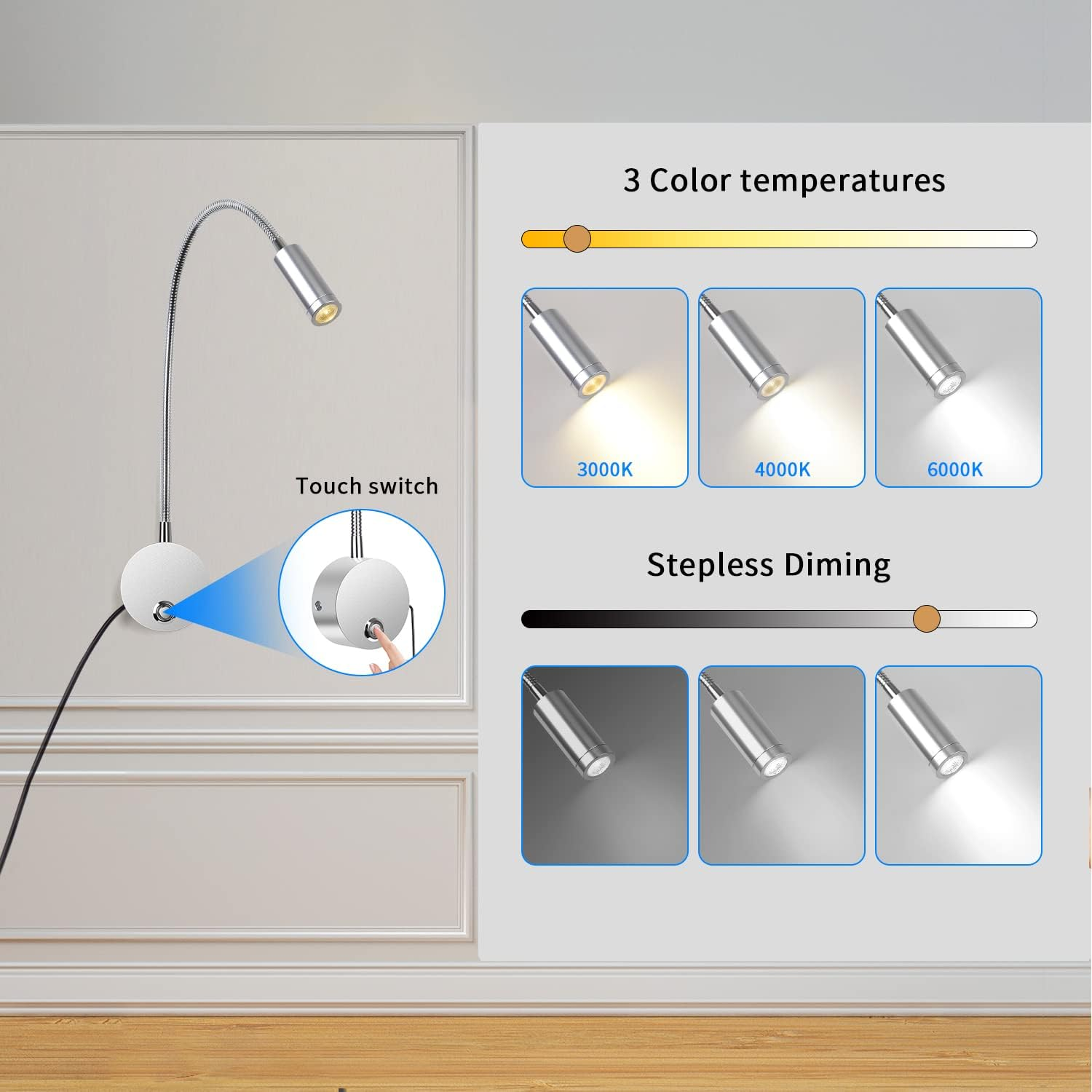 Wandlampe mit verstellbarem Arm und Touch-Schalter, zeigt Farbtemperaturen.