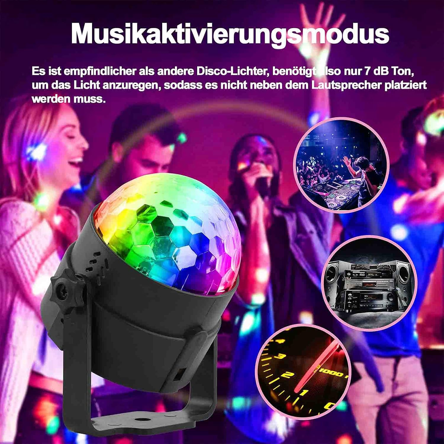 Diskokugel mit bunten Lichtern. Personen im Hintergrund, DJ und ein Messgerät werden gezeigt.