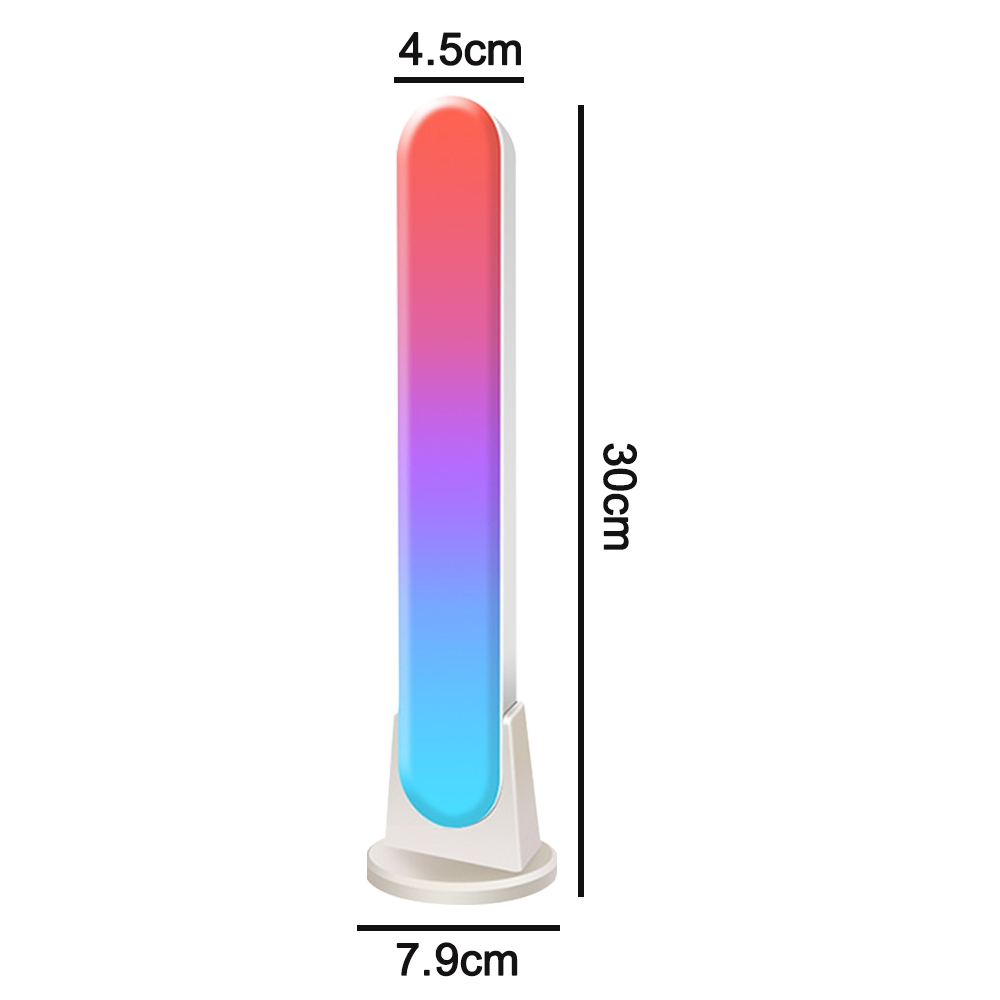 Eine hohe, farbenfrohe LED-Leuchte mit den angegebenen Abmessungen: 4,5 cm breit, 30 cm hoch und 7,9 cm Basis.