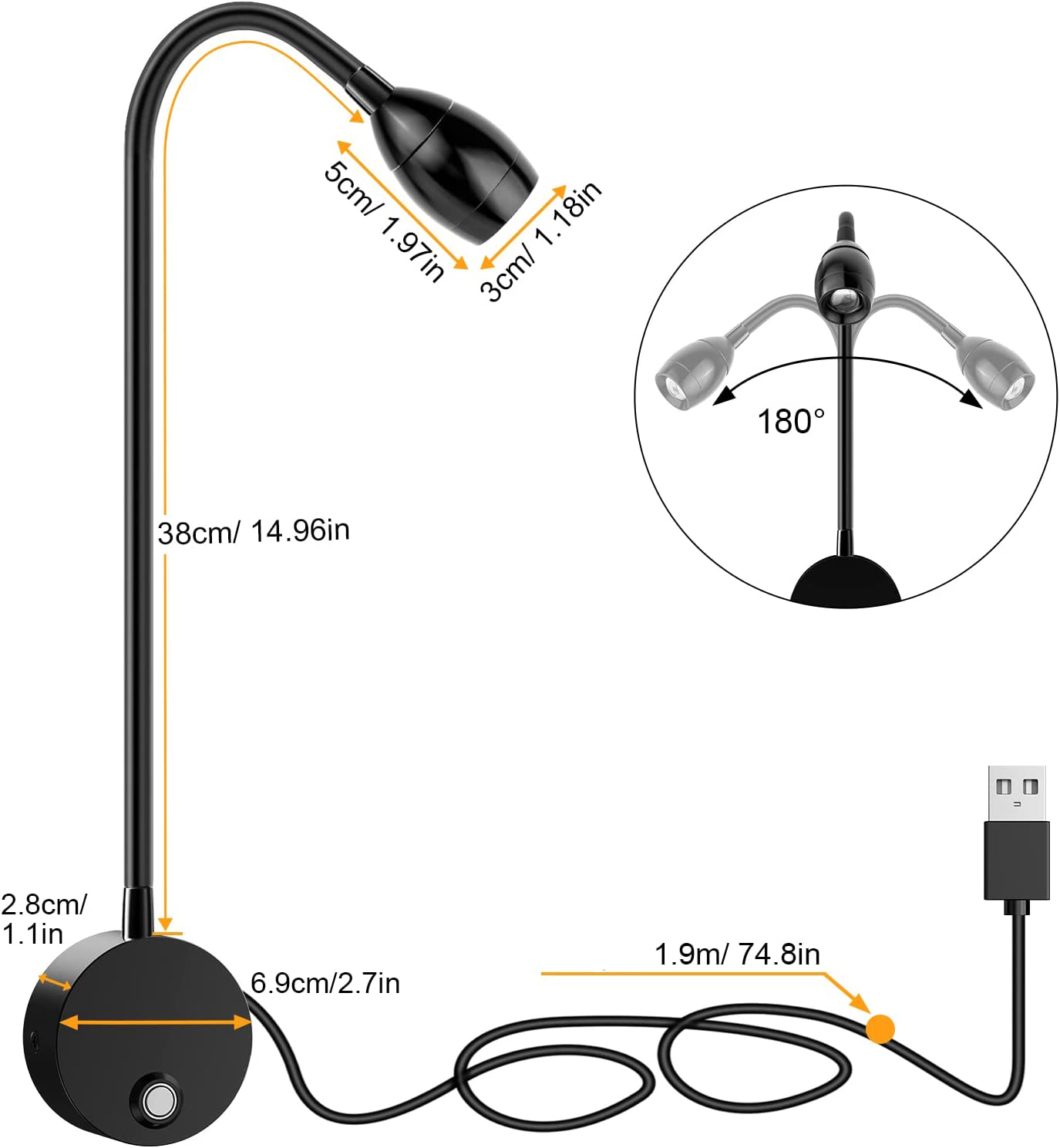 Eine schwarze Schreibtischlampe mit flexiblem Hals, mit Maßangaben und einem USB-Kabel.