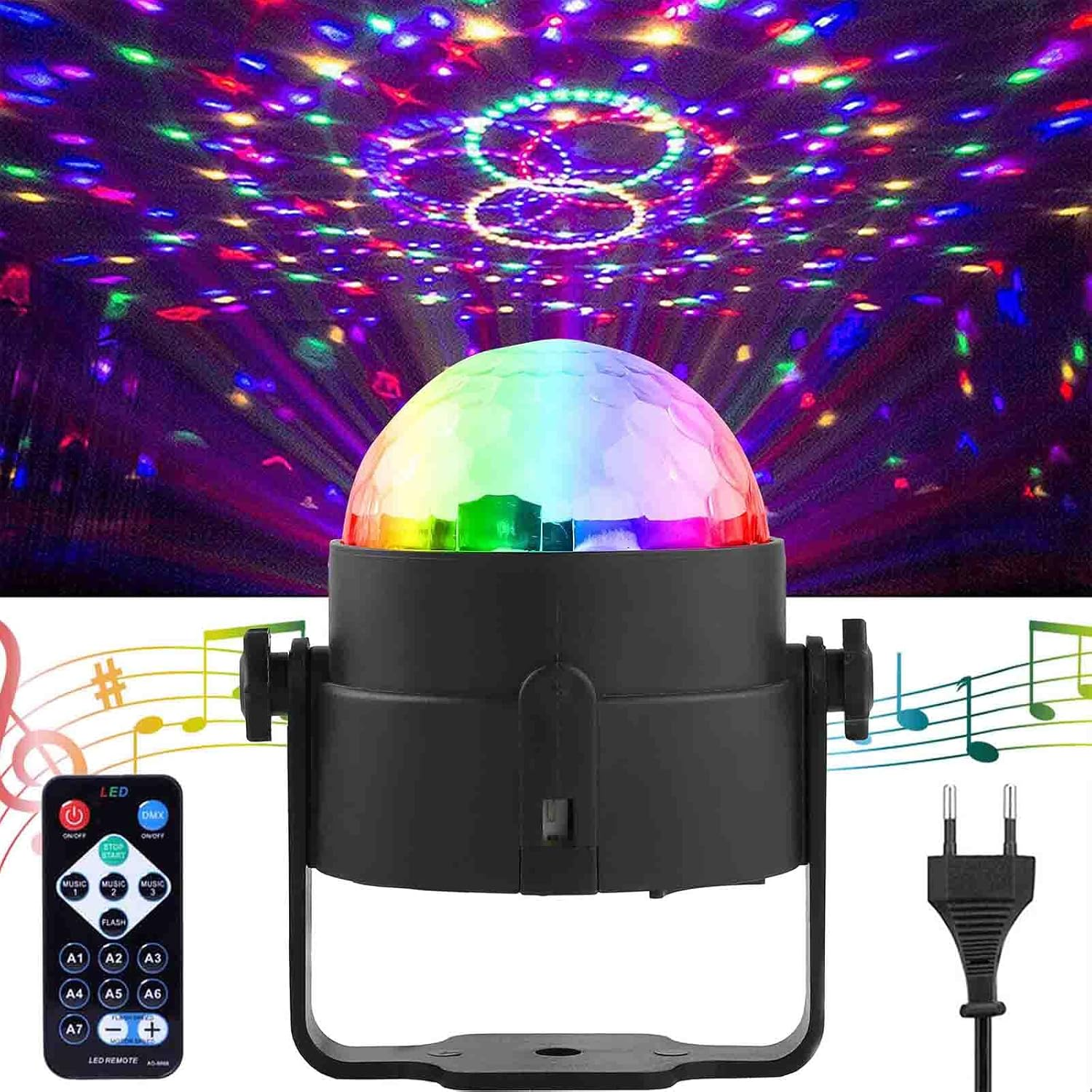 Eine Discokugel-Leuchte mit schwarzem Sockel und Fernbedienung. Sie projiziert bunte Lichtmuster an die Decke.
