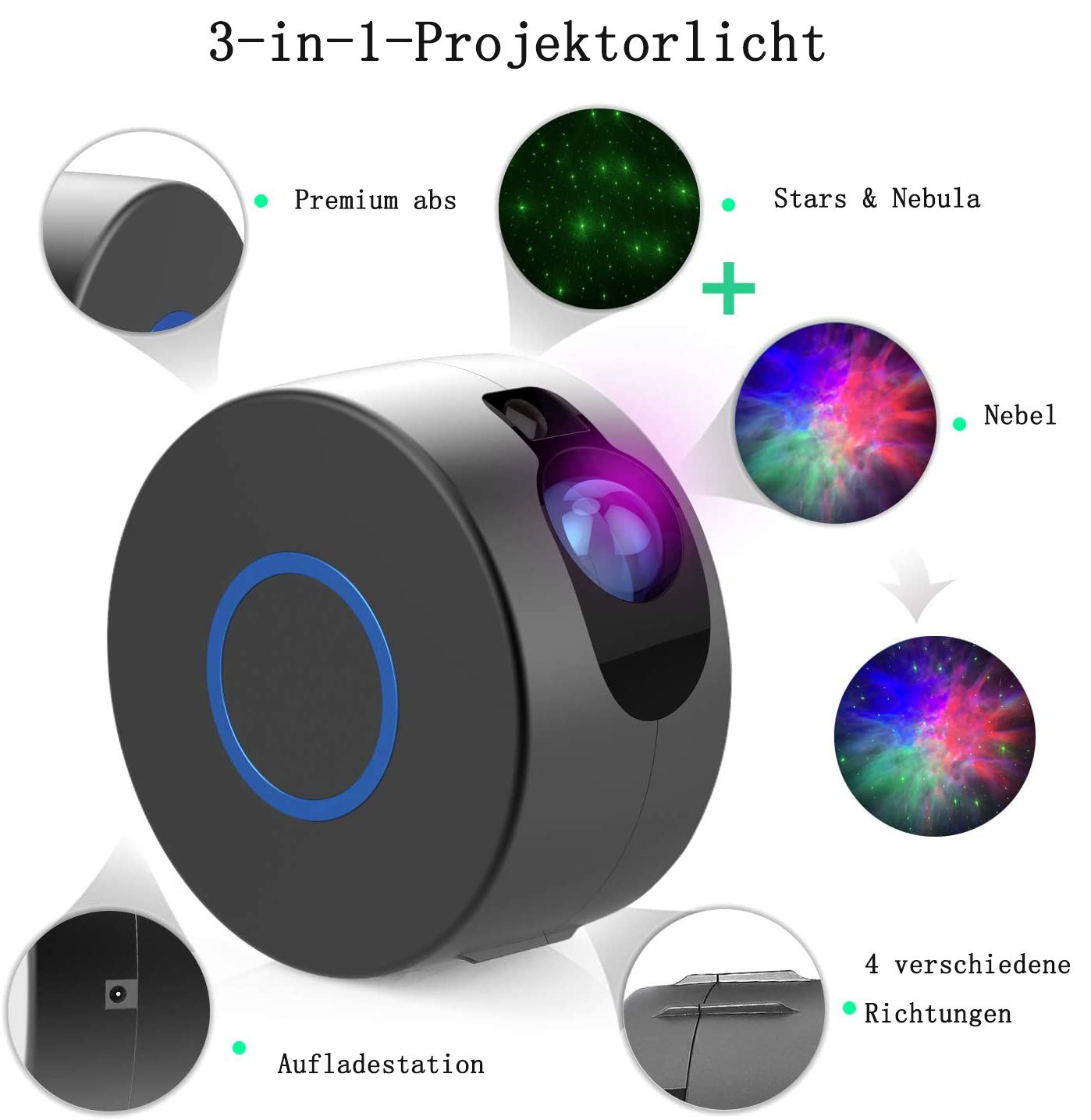 Schwarzer Projektor mit blauem Ringdetail und Diagramm mit Lichteffekten.