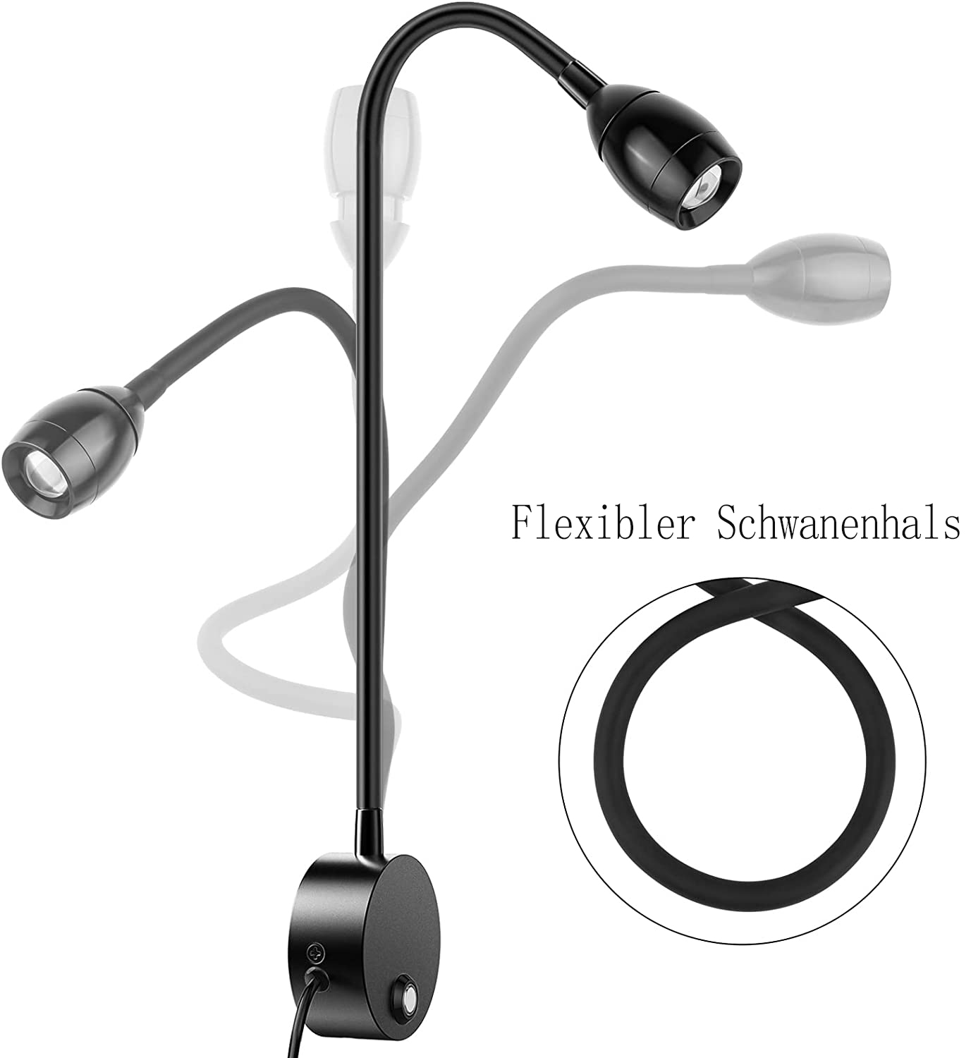 Schwarze Schwanenhalslampe mit verstellbaren Köpfen und Wandhalterung.