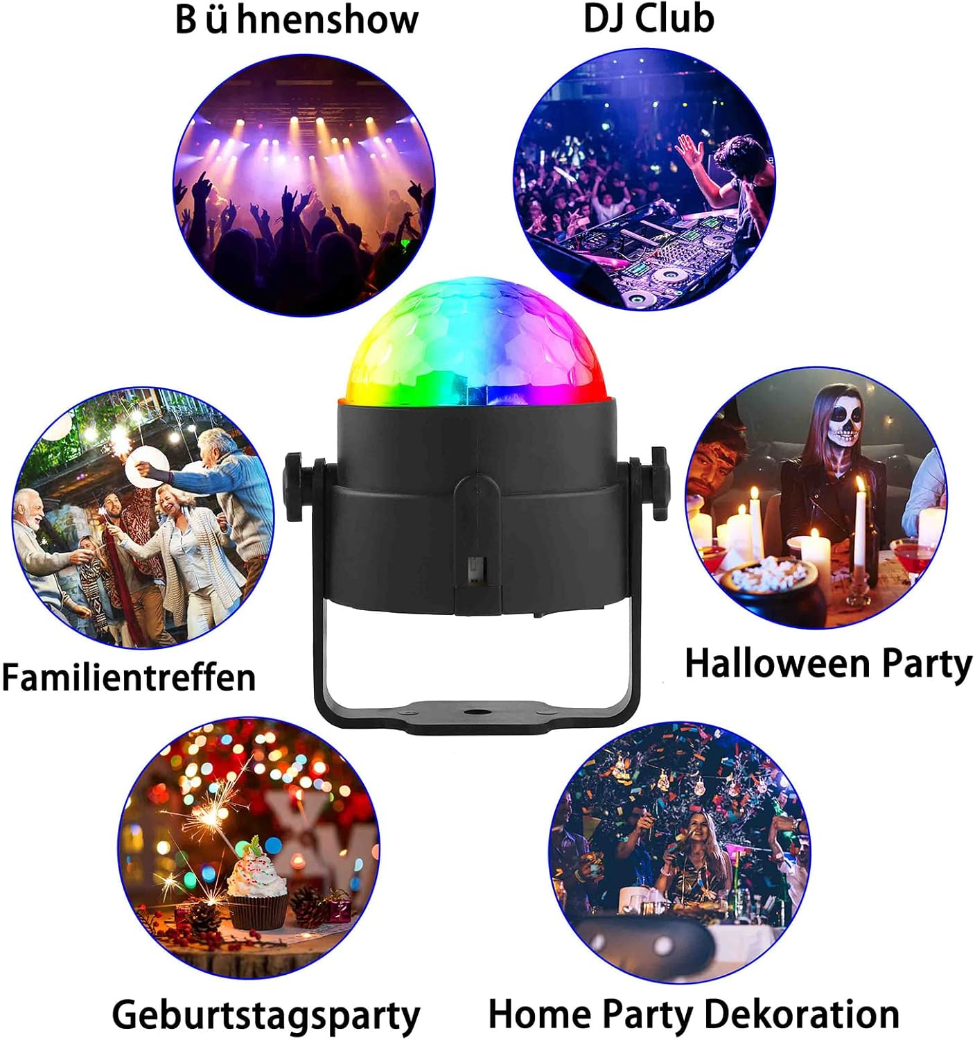 Eine Discokugel mit bunten Lichtern und Bildern verschiedener Veranstaltungen drumherum.