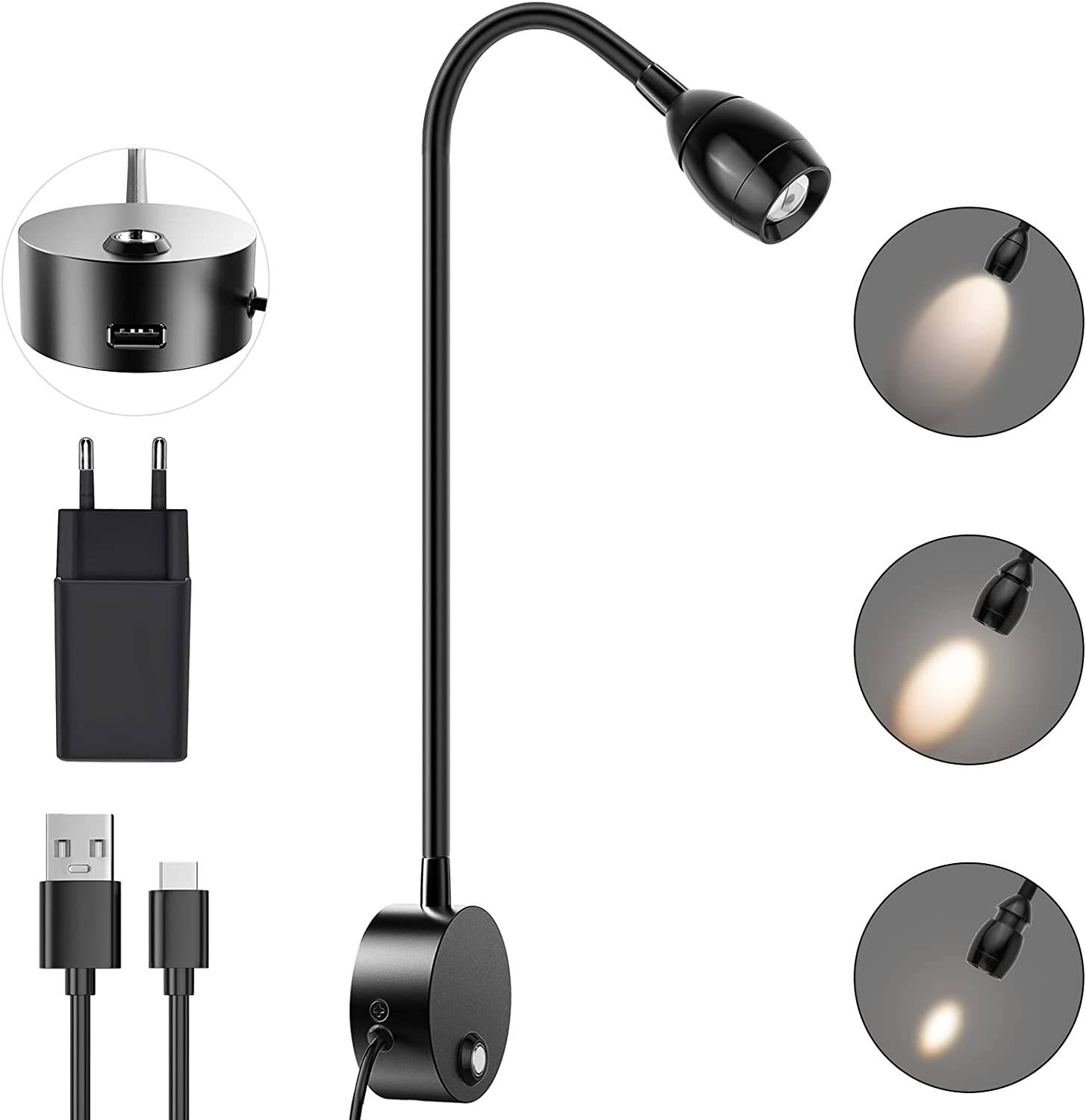 Schwarze LED-Bettleuchte mit verschiedenen Lichteinstellungen. Enthält einen USB-Anschluss und ein Netzteil.