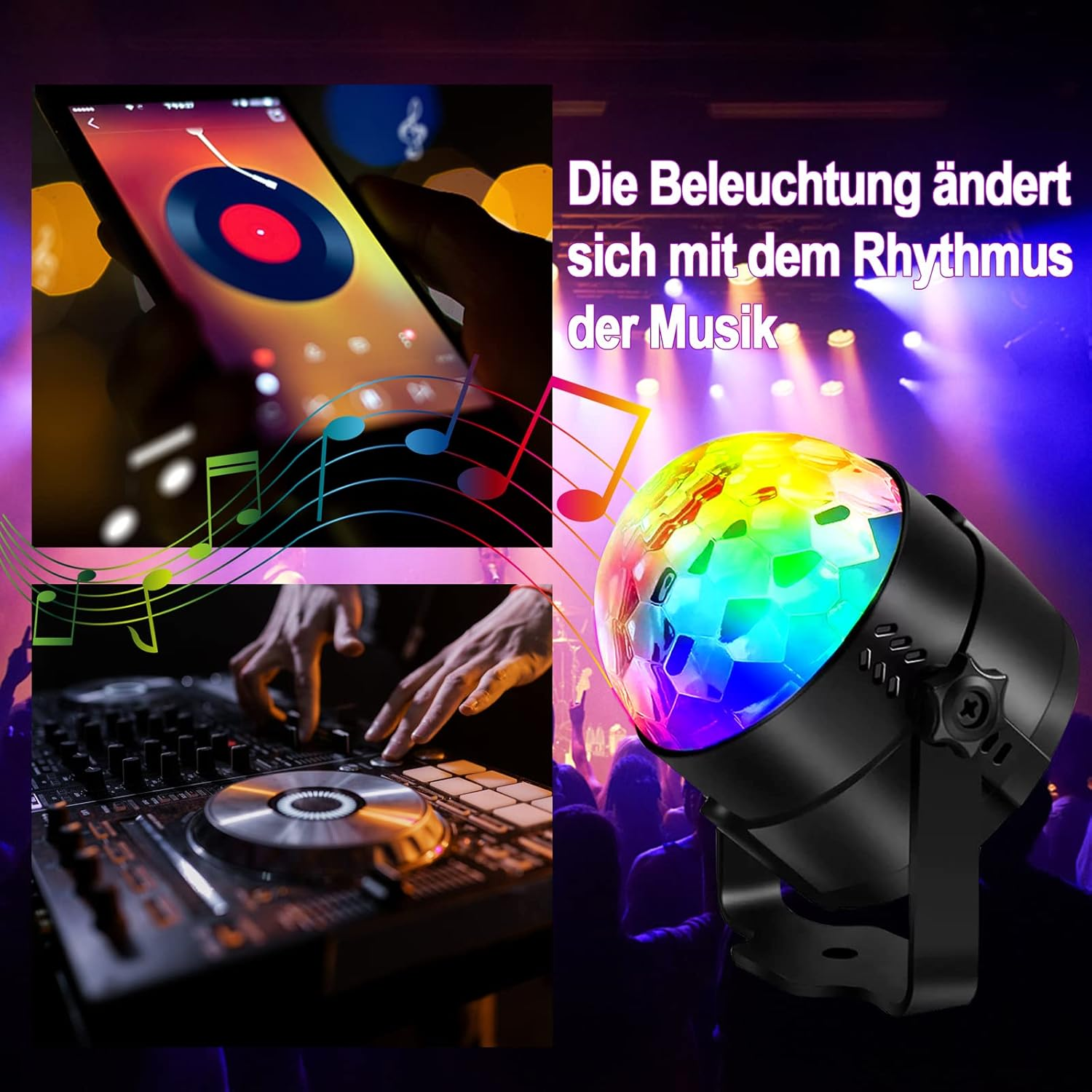 Diskolicht mit buntem Licht. Ein Telefon, das Musik abspielt, Hände an einem DJ-Mischpult. Dunkel, Party.