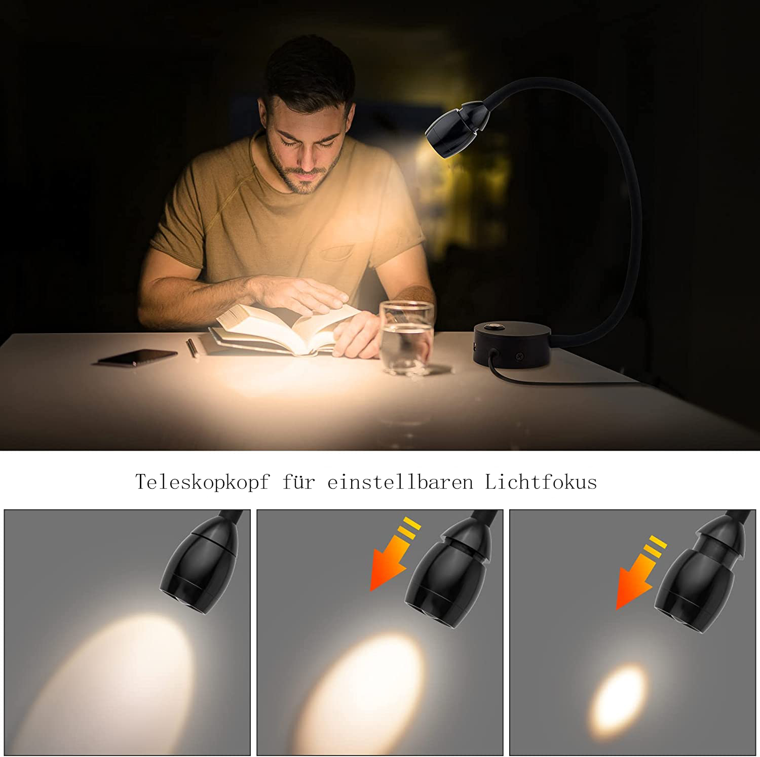 Mann liest unter einer Lampe. Die Lampe hat einen einstellbaren Lichtfokus.