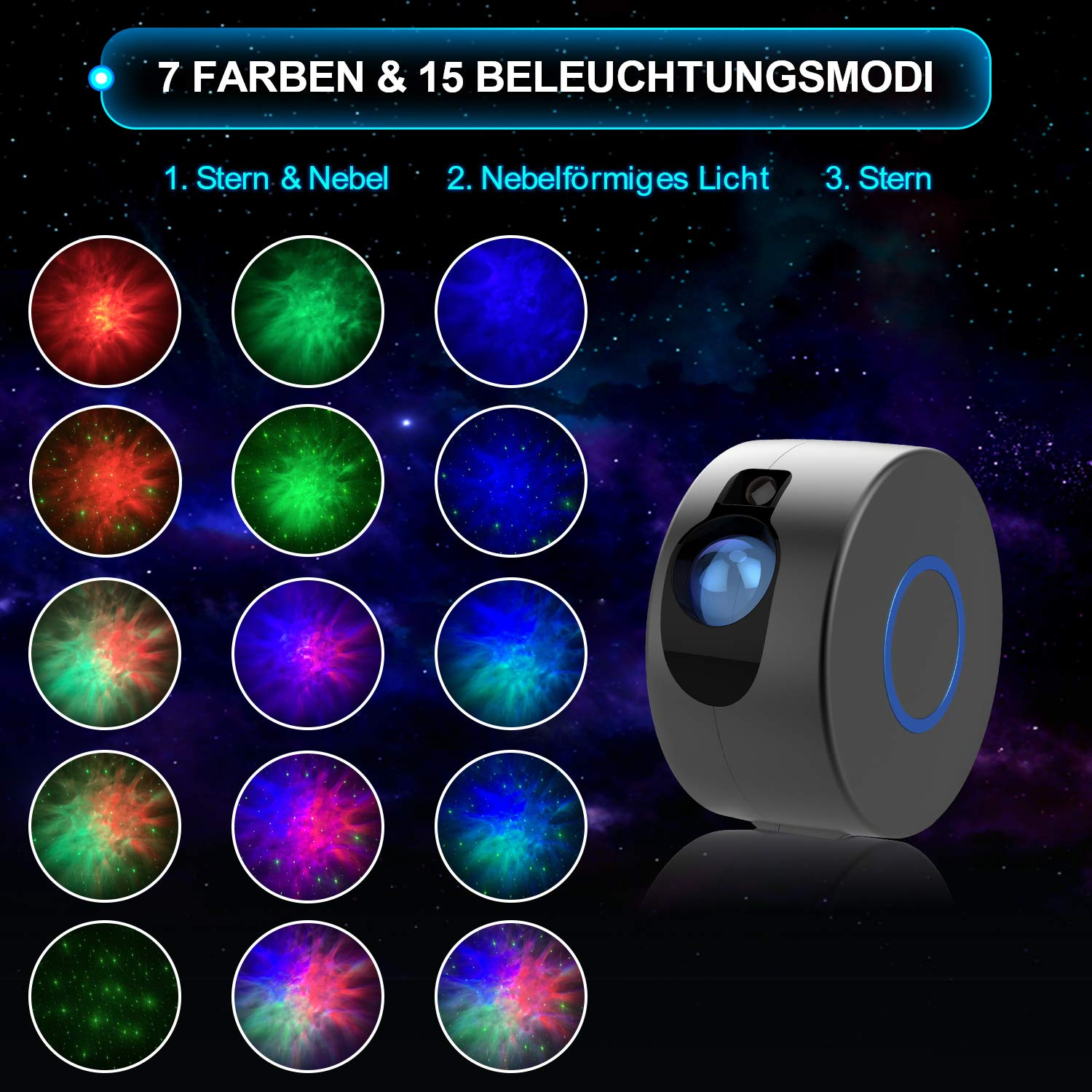 Ein schwarzer Weltraumprojektor mit verschiedenen Lichtmodi und einem Sternenhimmel im Hintergrund.