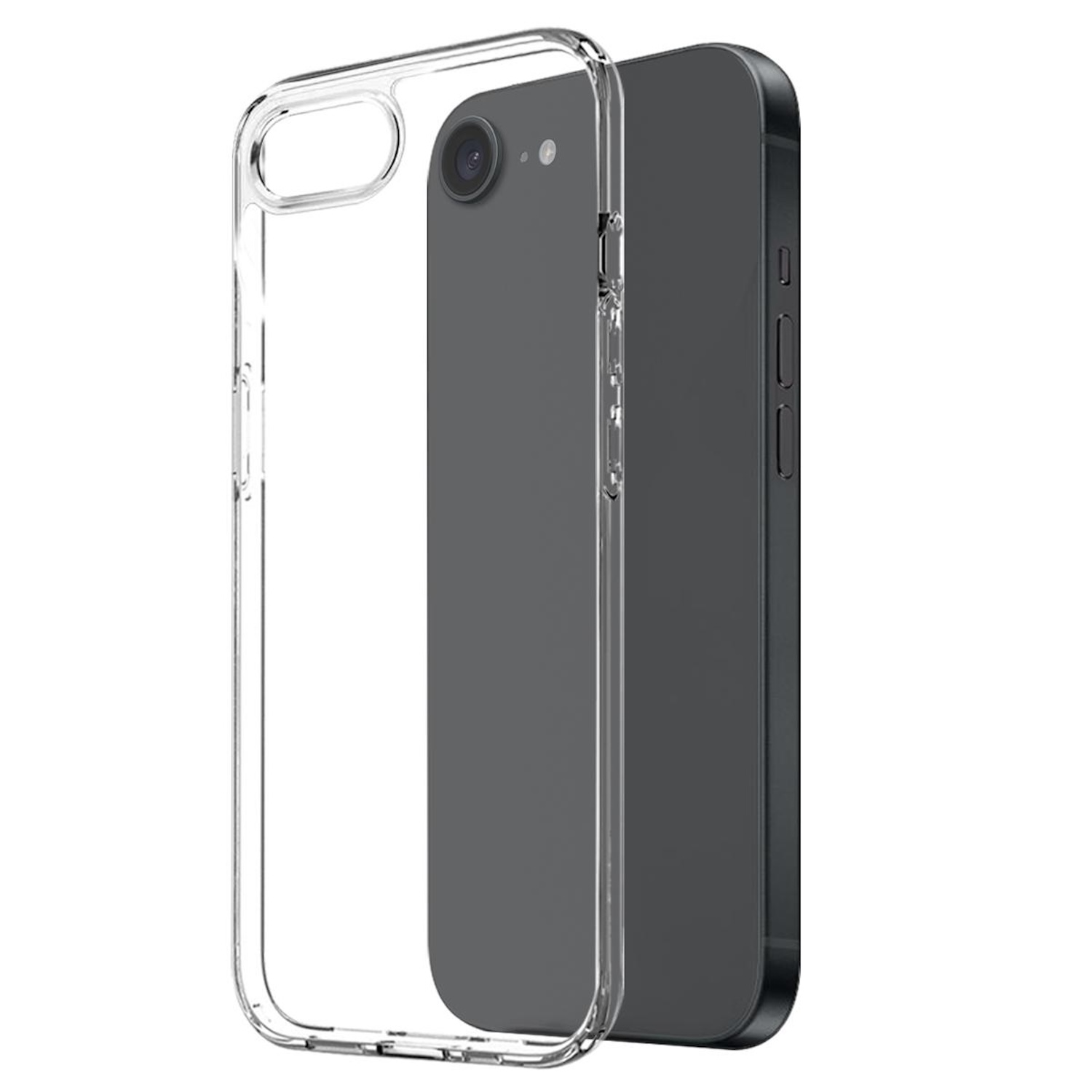 Transparente Handyhülle und schwarzes Telefon. Kamera des Telefons sichtbar. Weißer Hintergrund.