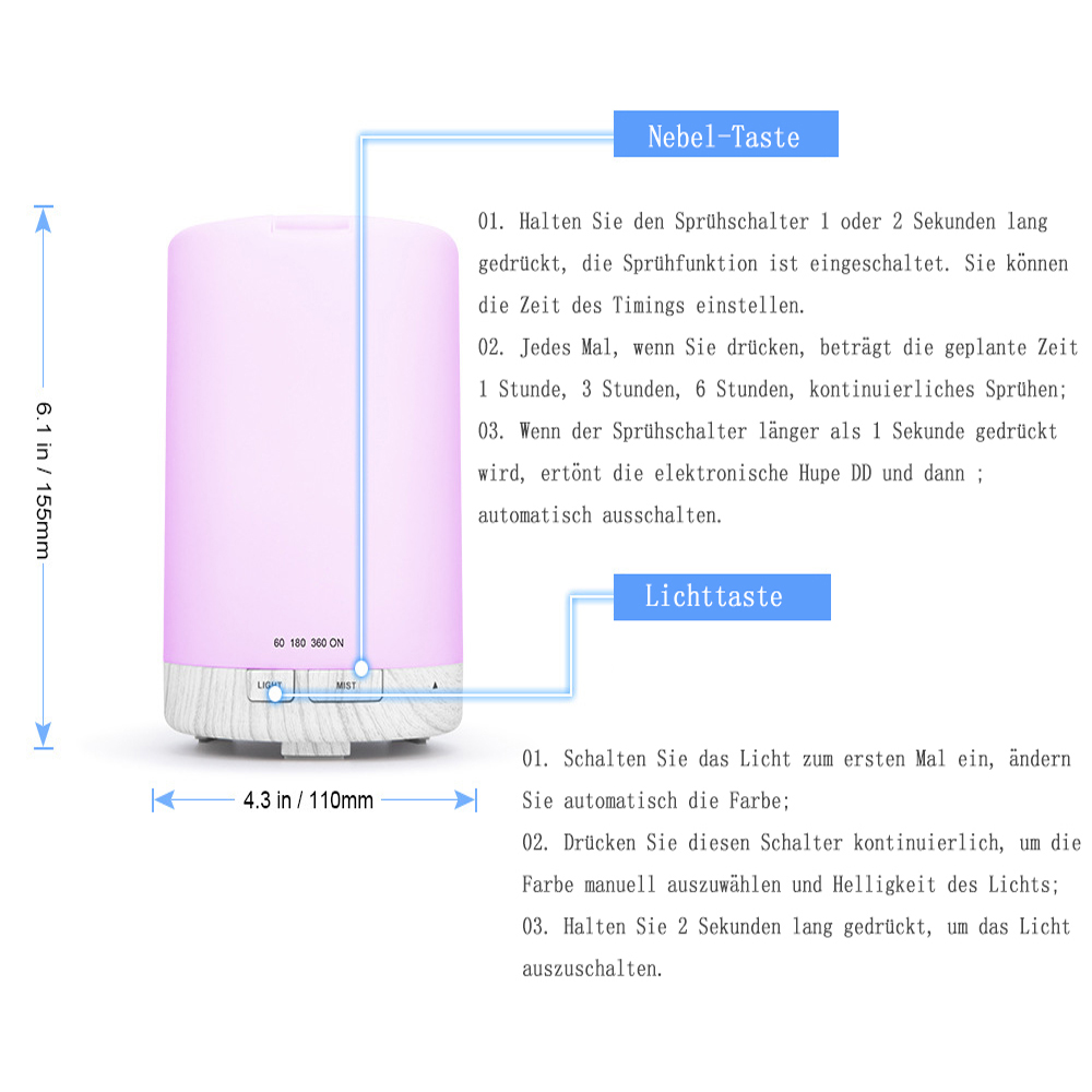 Ein weißer und rosa Diffusor für ätherische Öle mit Textbeschriftungen und Abmessungen in Zoll und Millimetern.