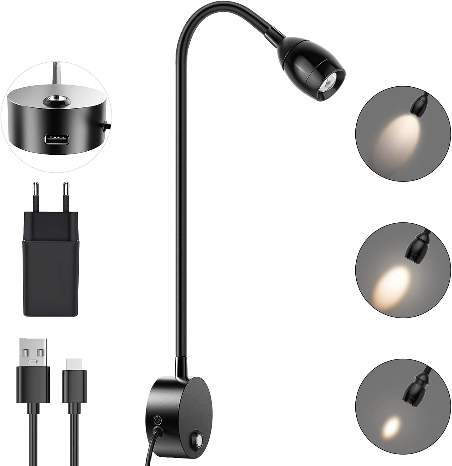 Schwarze Schwanenhalslampe mit Lade- und USB-Anschlüssen. Nahaufnahmen zeigen Lichtstärken und Steckerdetails.