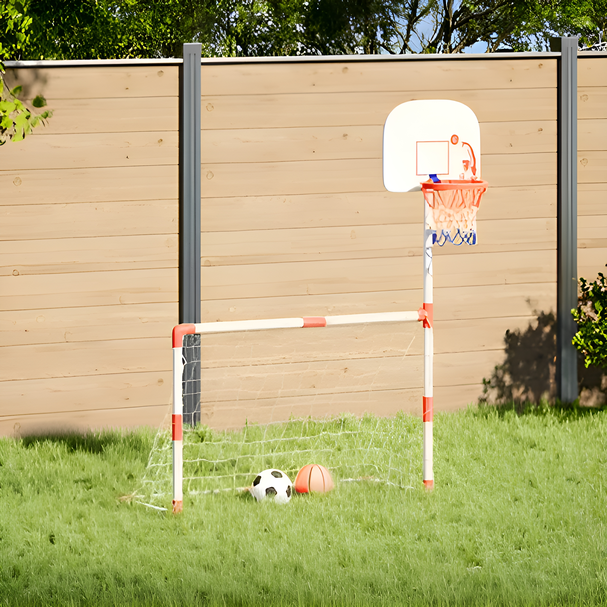Outdoor-Sportset: Basketballkorb, Fussballtor und zwei Bälle auf grünem Gras.