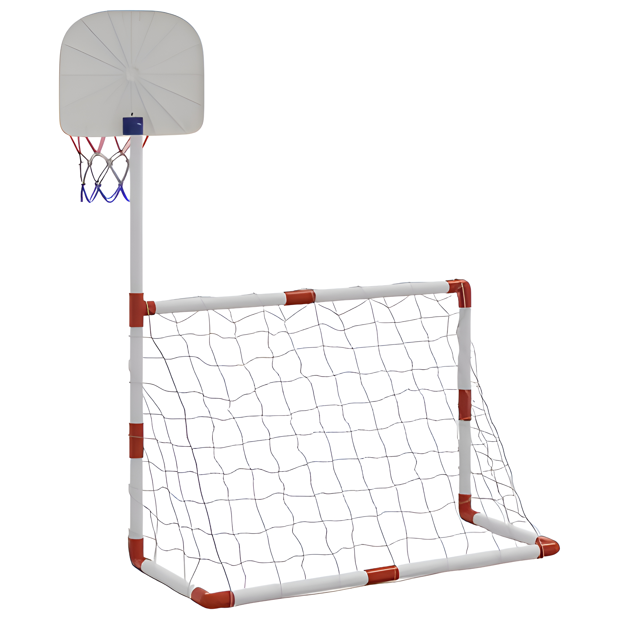 Ein weißes Mini-Fußballtor und ein Basketballkorb auf weißem Hintergrund.