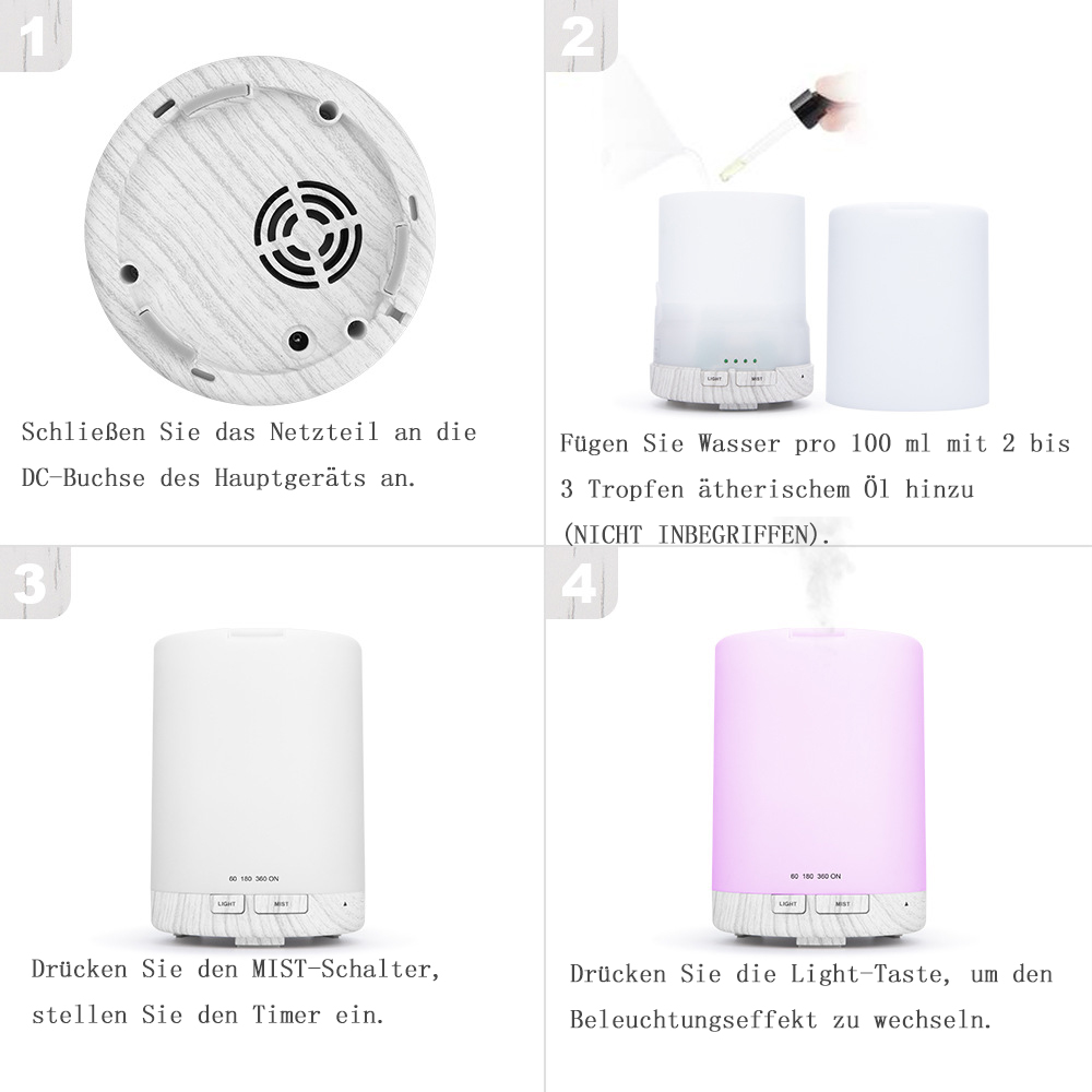 Diffusor-Setup. Schritte: Strom anschließen, Wasser mit Öl hinzufügen, einschalten und Licht auswählen.