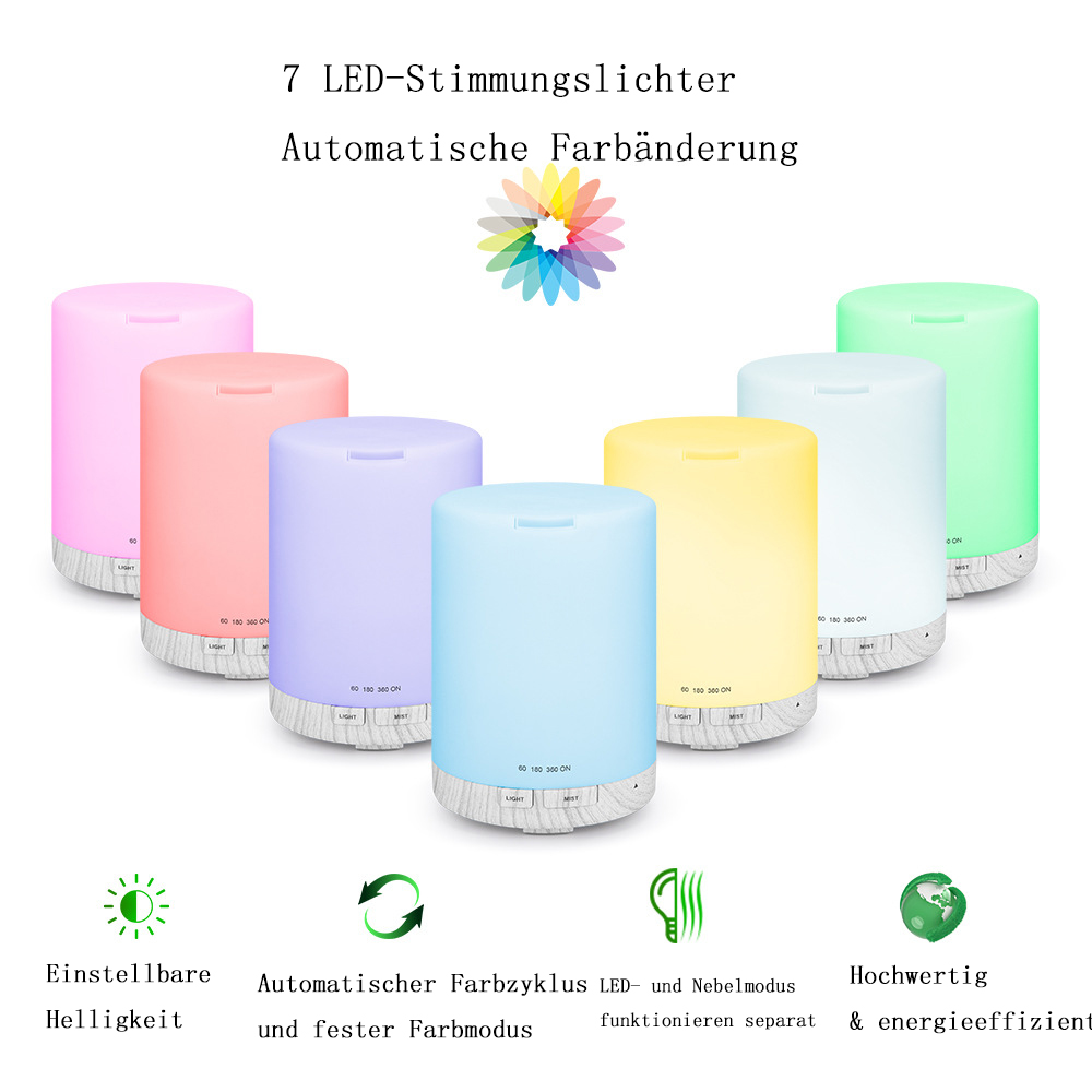 Aromadiffusor mit 7 LED-Leuchten. Es hat eine zylindrische Form und zeigt verschiedene Farben. Symbole unten.