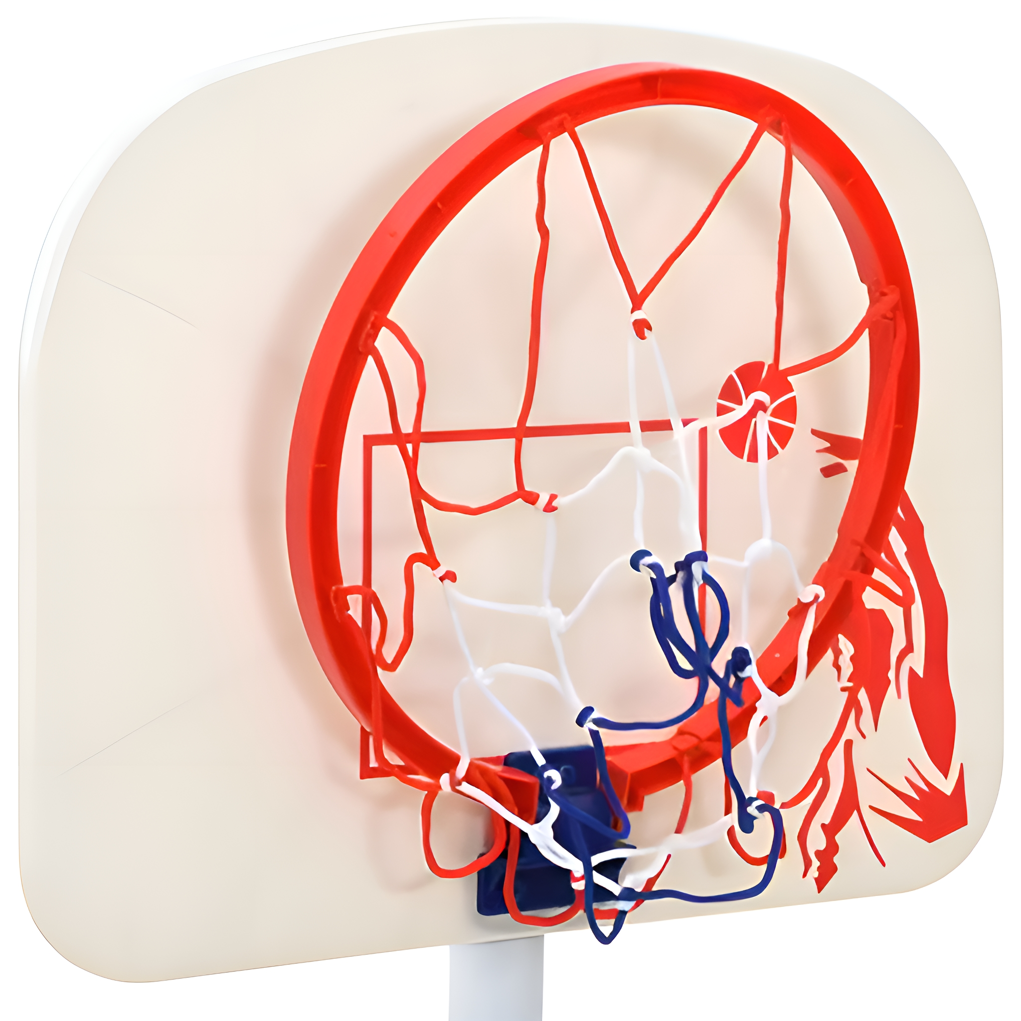 Ein Basketballkorb mit roten und weißen Linien, einem weißen Brett und einem Netz.