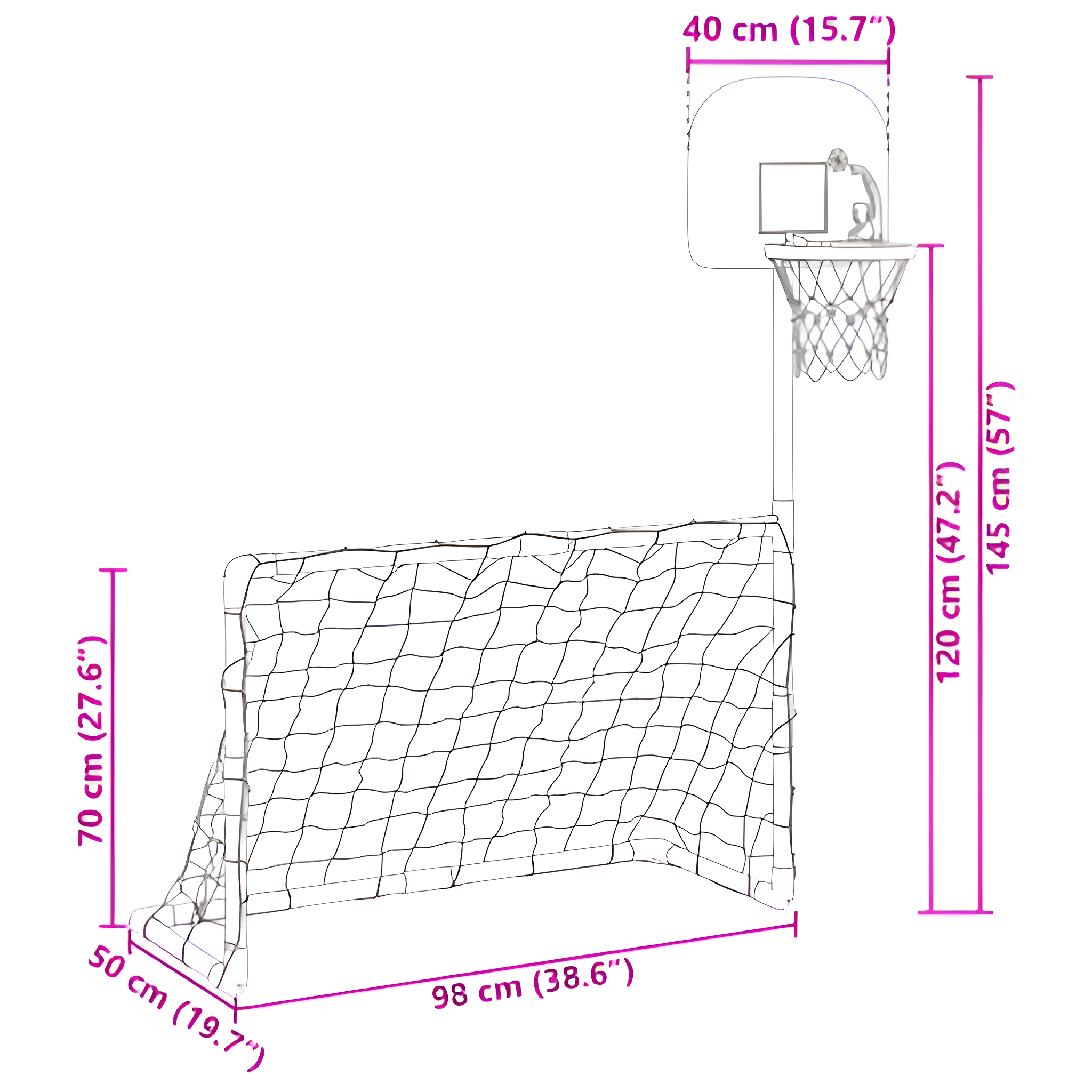 Ein Basketballkorb und -netz mit Abmessungen in cm und Zoll, vor weißem Hintergrund.