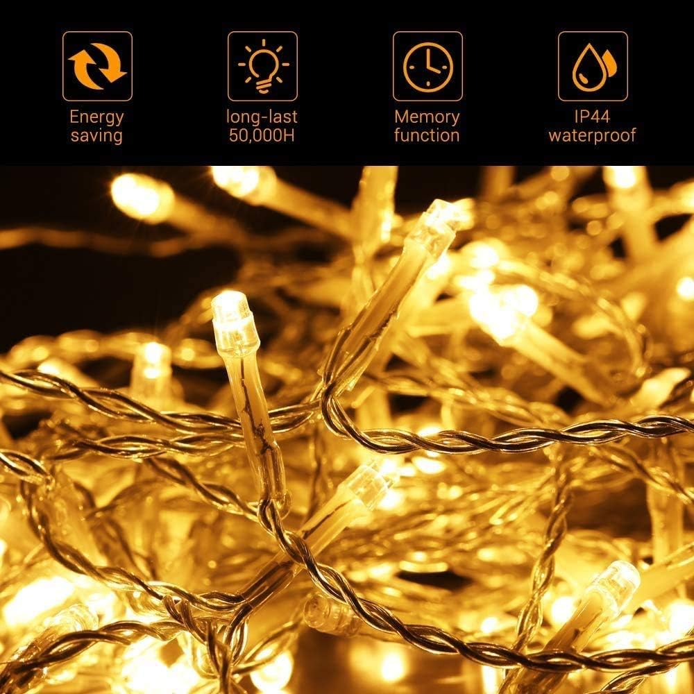 Lichterkette mit vielen kleinen Lichtern, mit Symbolen für Energiesparen, lange Lebensdauer.