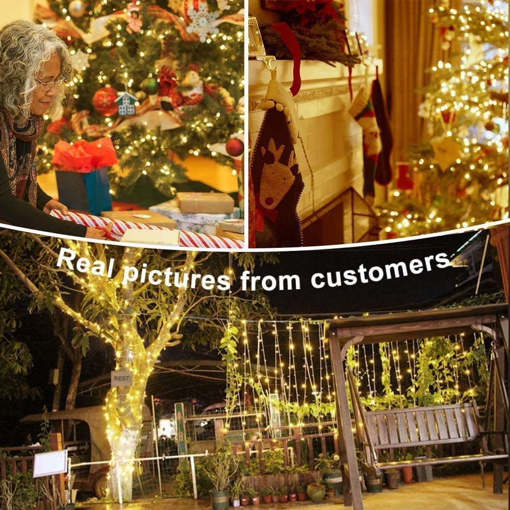 Collage von Weihnachtsszenen: eine Frau beim Geschenkeverpacken, ein dekorierter Kamin und Weihnachtsbeleuchtung im Freien.