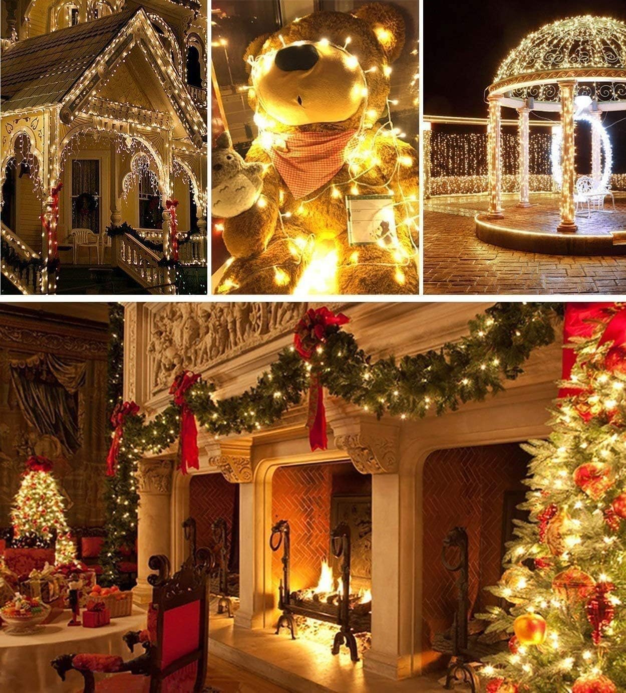 Collage von Weihnachtsdekorationen: Haus, Teddybär, Pavillon, Kamin, Baum, alles mit Lichtern.