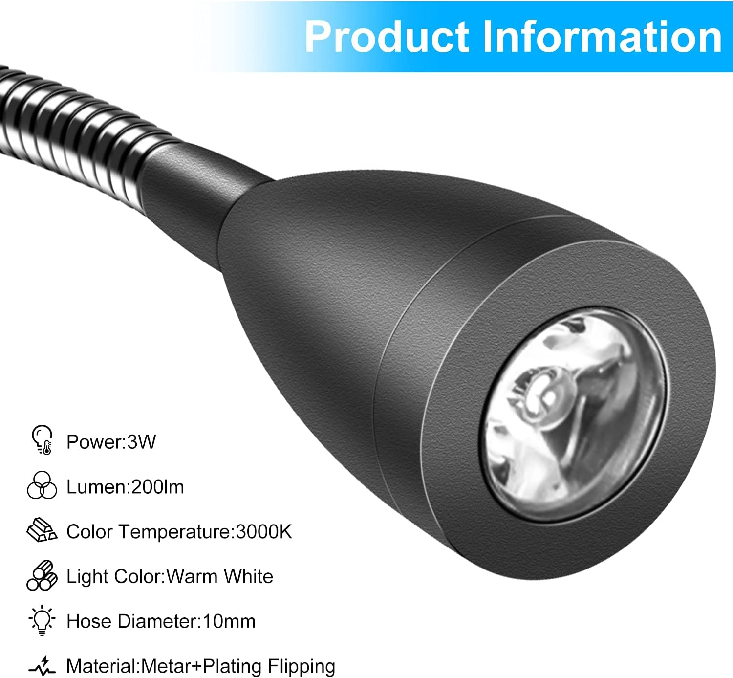 Eine schwarze, biegsame Lampe mit Produktinformationen, einer Glühbirne und Text.