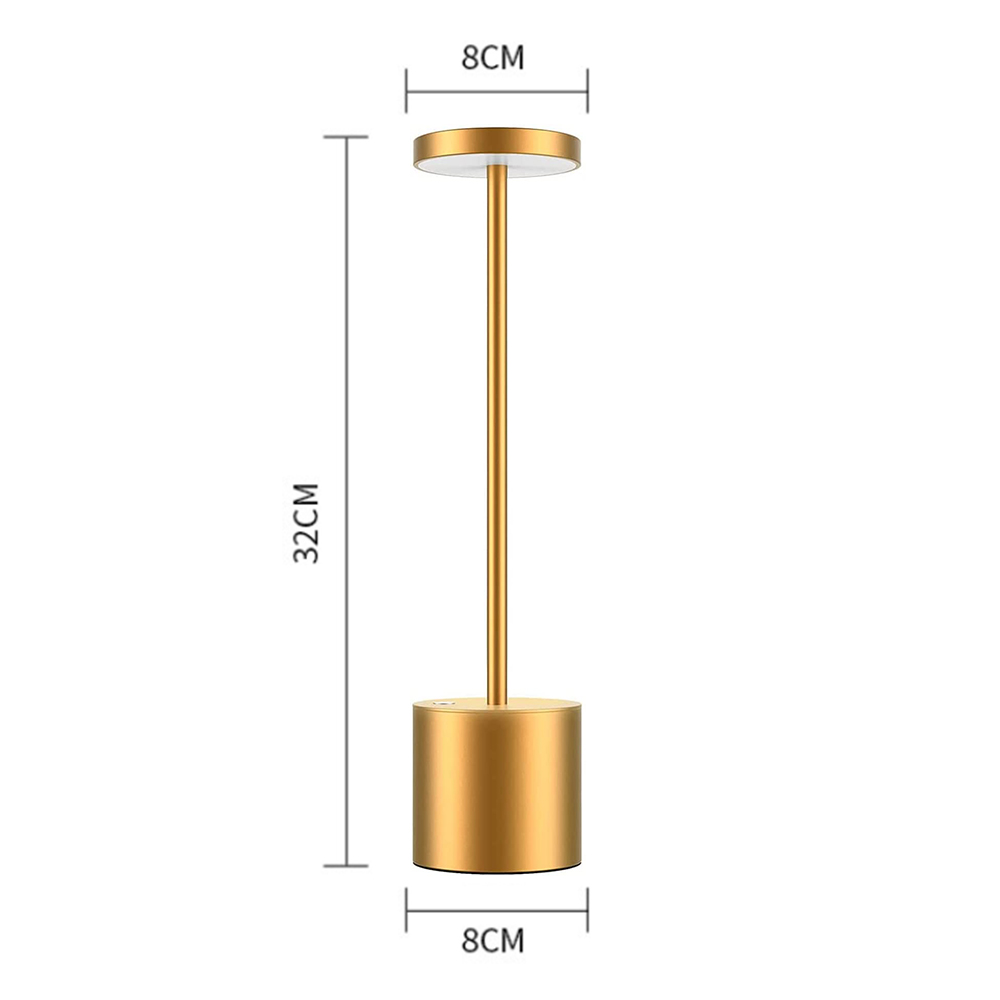 Goldene, zylindrische Tischlampe mit Maßen, auf weißem Hintergrund.
