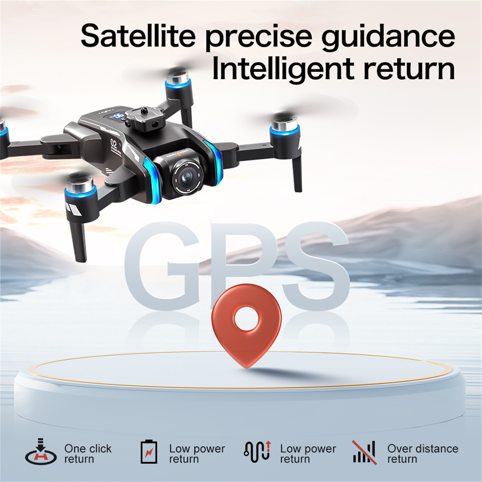 Drohne im Flug mit Text, der GPS, Rückkehr und Low-Power-Return-Funktionen anzeigt. Eine Standortmarkierung ist vorhanden.