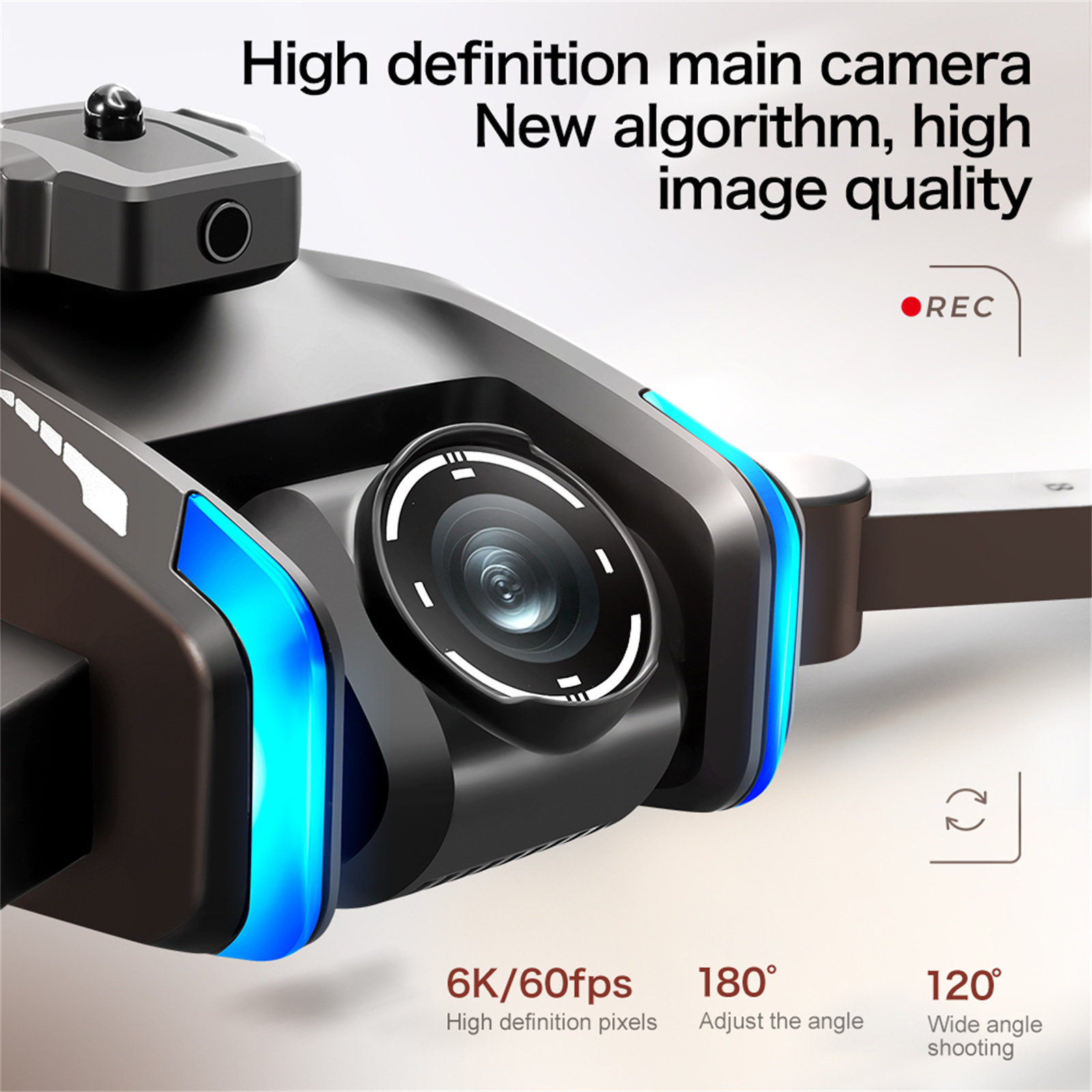 Drohnenkamera: schwarz, mit blauen Lichtern. Zeigt 6K/60fps, 180° Winkel und 120° Weitwinkelaufnahmen.
