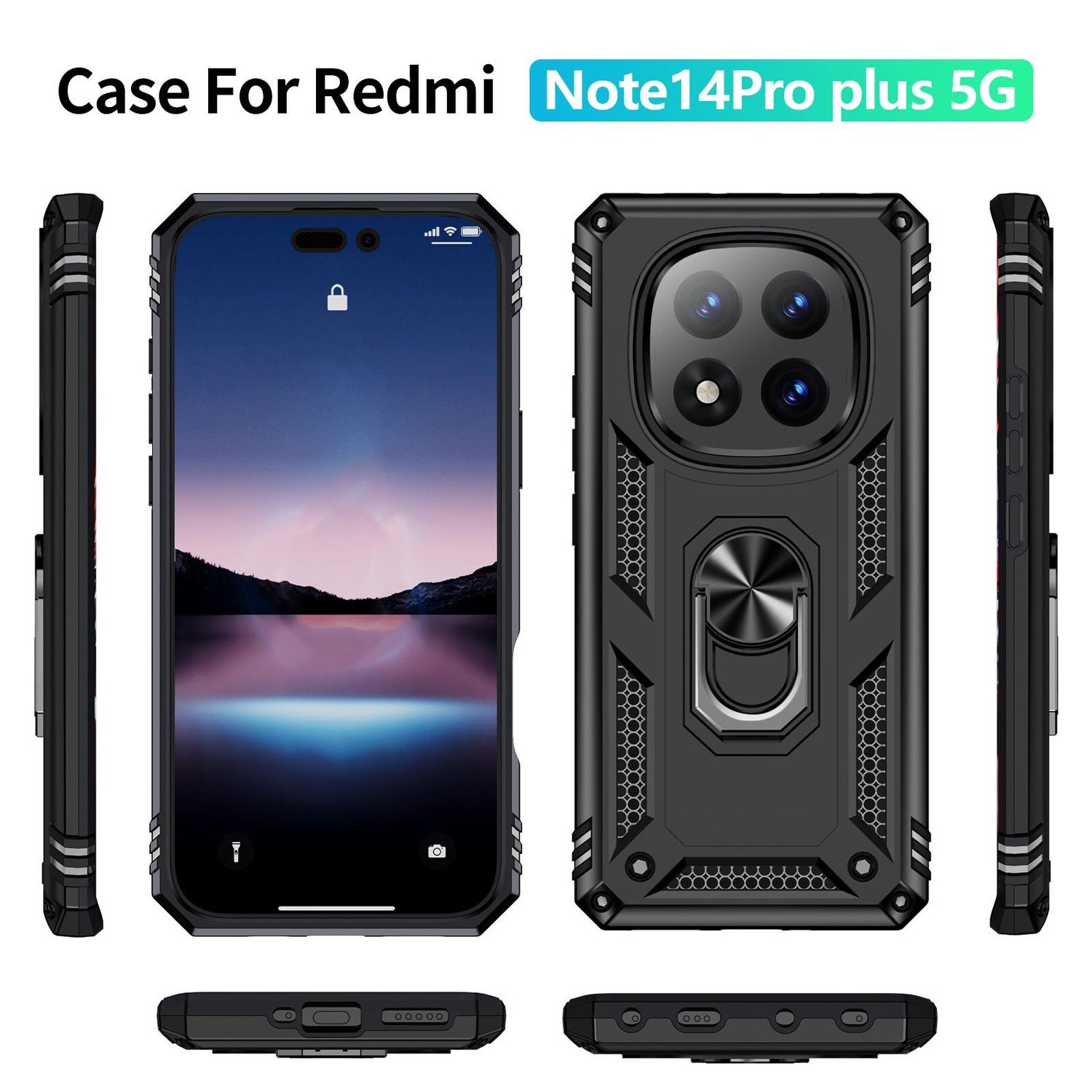 Funda para Redmi Note14Pro plus 5G. Se muestran varias vistas de la funda del teléfono.