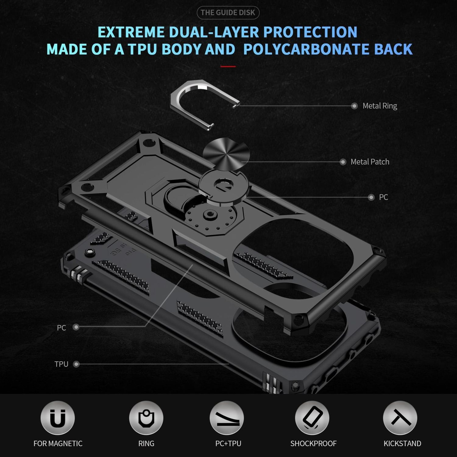 Funda negra para teléfono con capas y texto. La funda está sobre una superficie negra.
